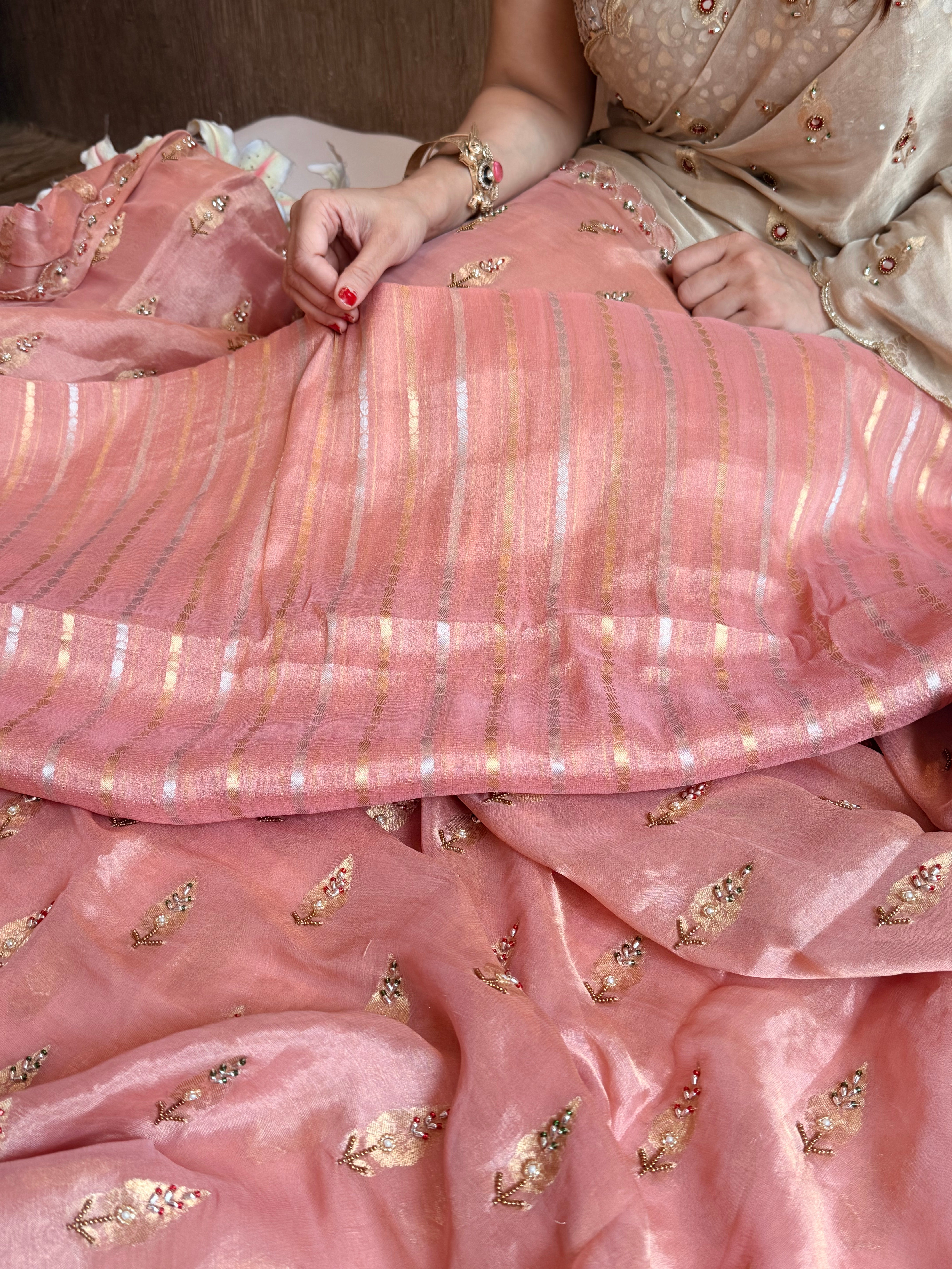 Chiffon tissue gorgette chunri buti hand embroidered kadhwa saree