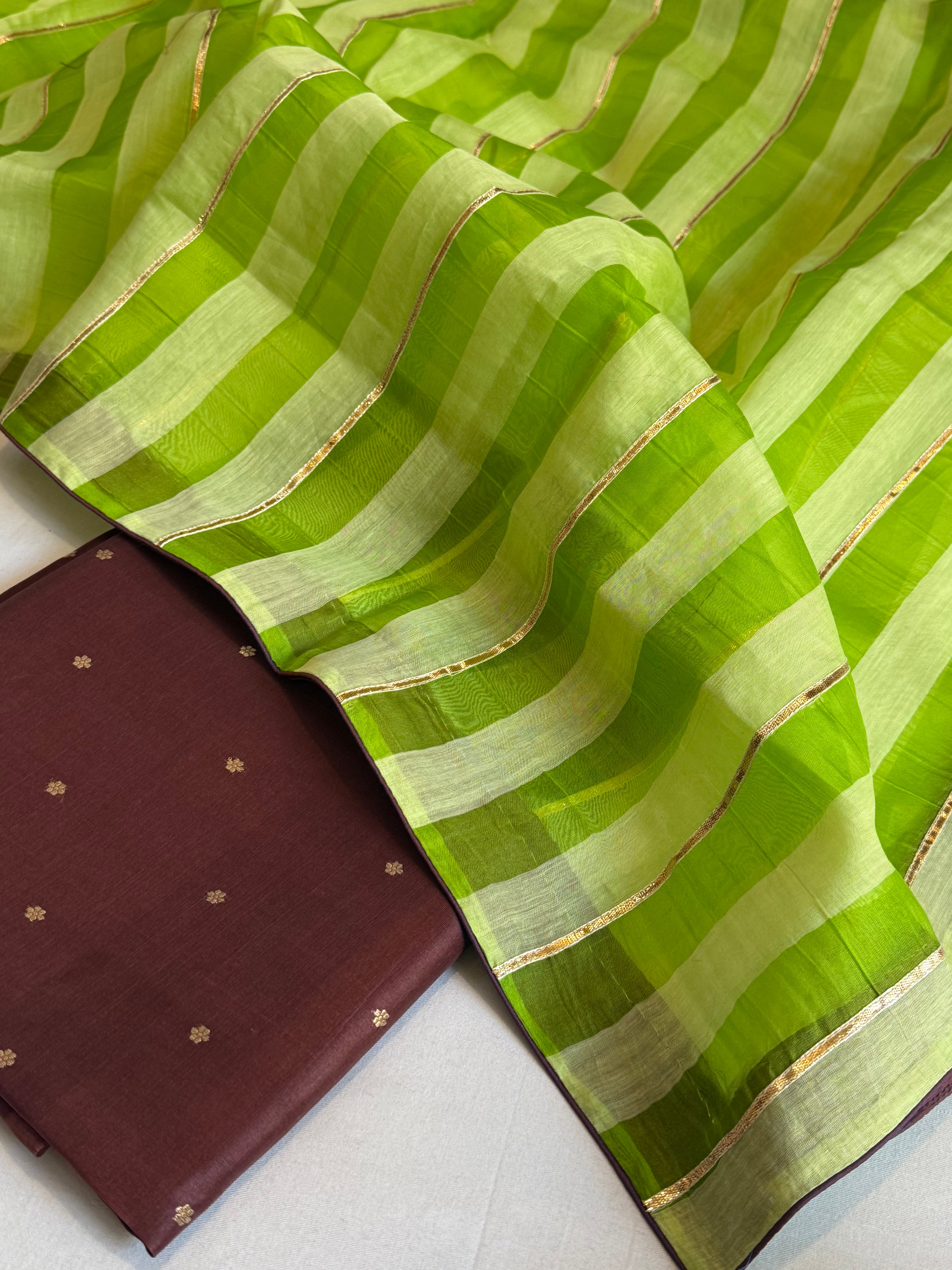 Banarasi kora silk tissue striped suit set