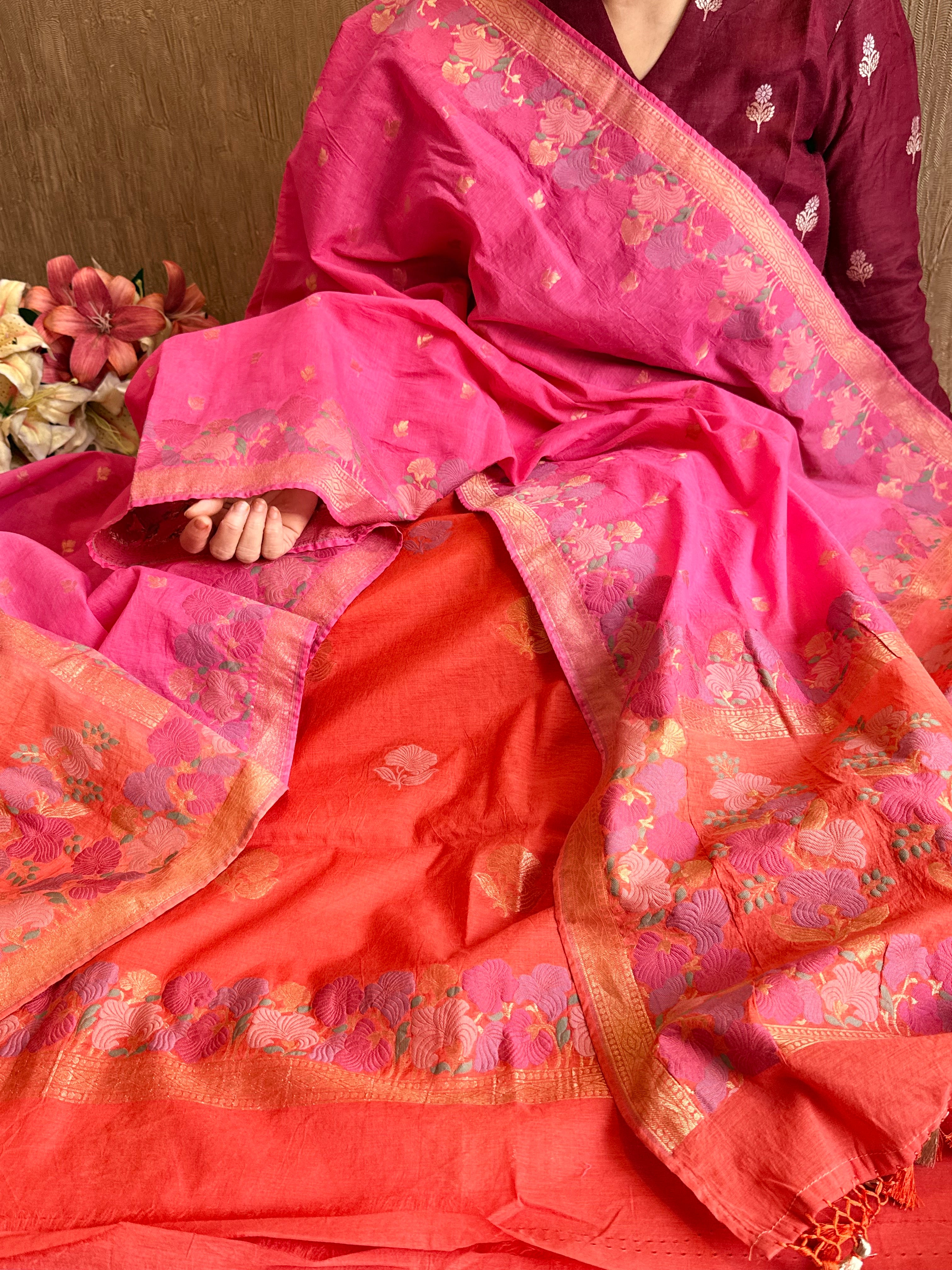 Mul cotton banarasi kadhwa buti hot pink - orange suit set