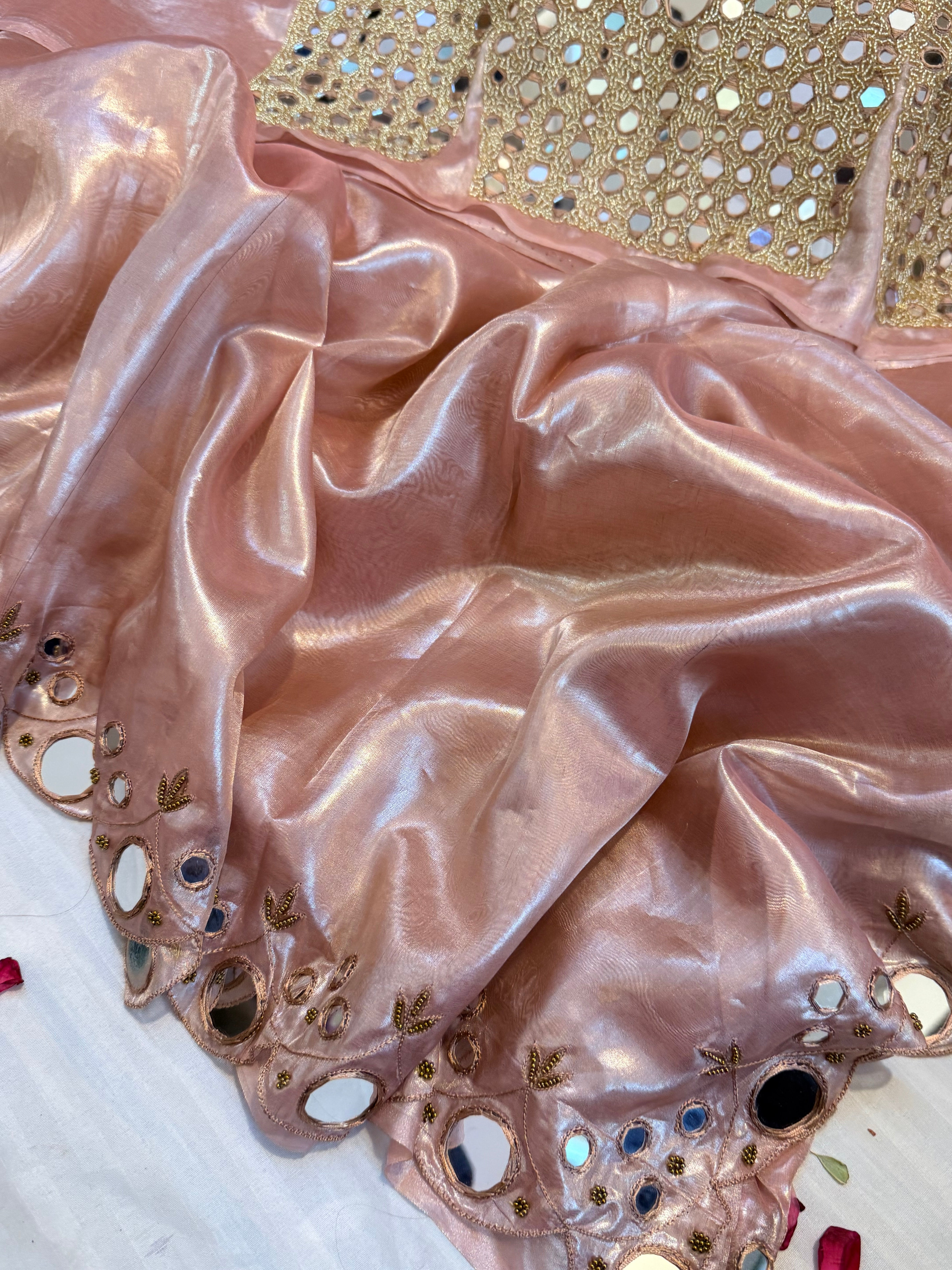 Sheeshe wali blush peachy pink tissue silk mirrorwork hand embroidered banarasi saree