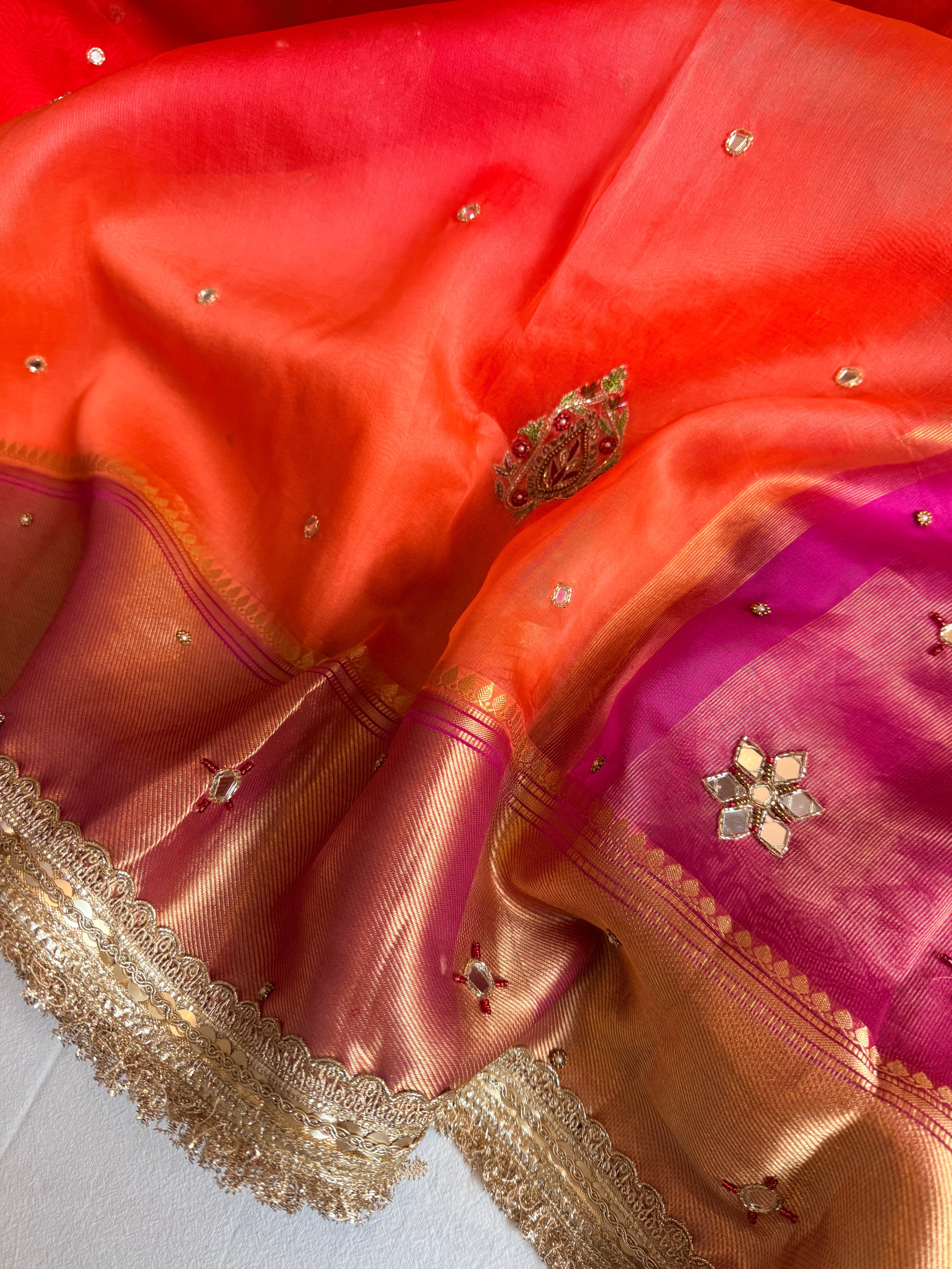 Husn ganga jamuna contrast border kora silk hand embroidered saree