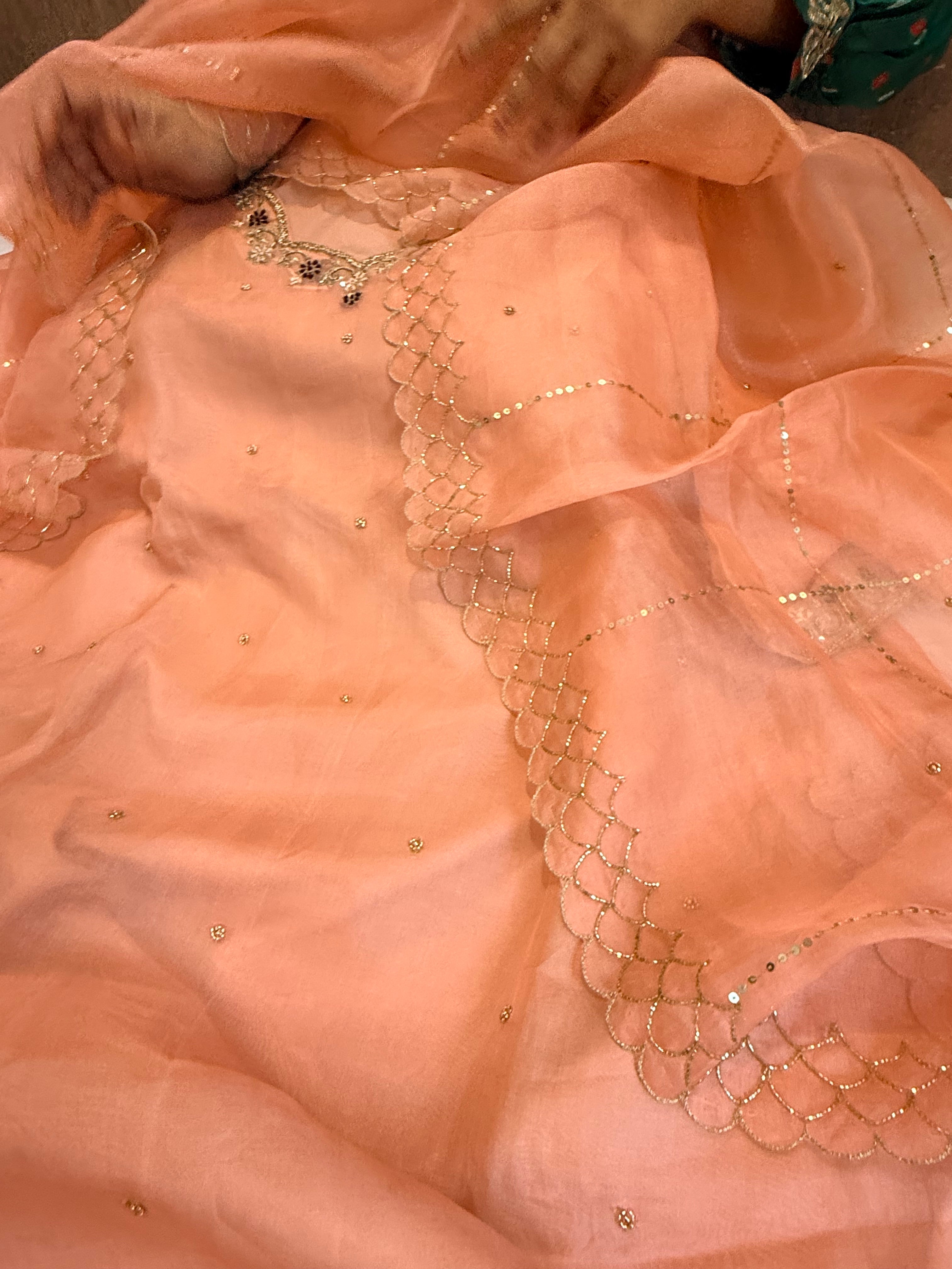 Soft peach semi stitched kora silk gotapatti hand embroidered suit set