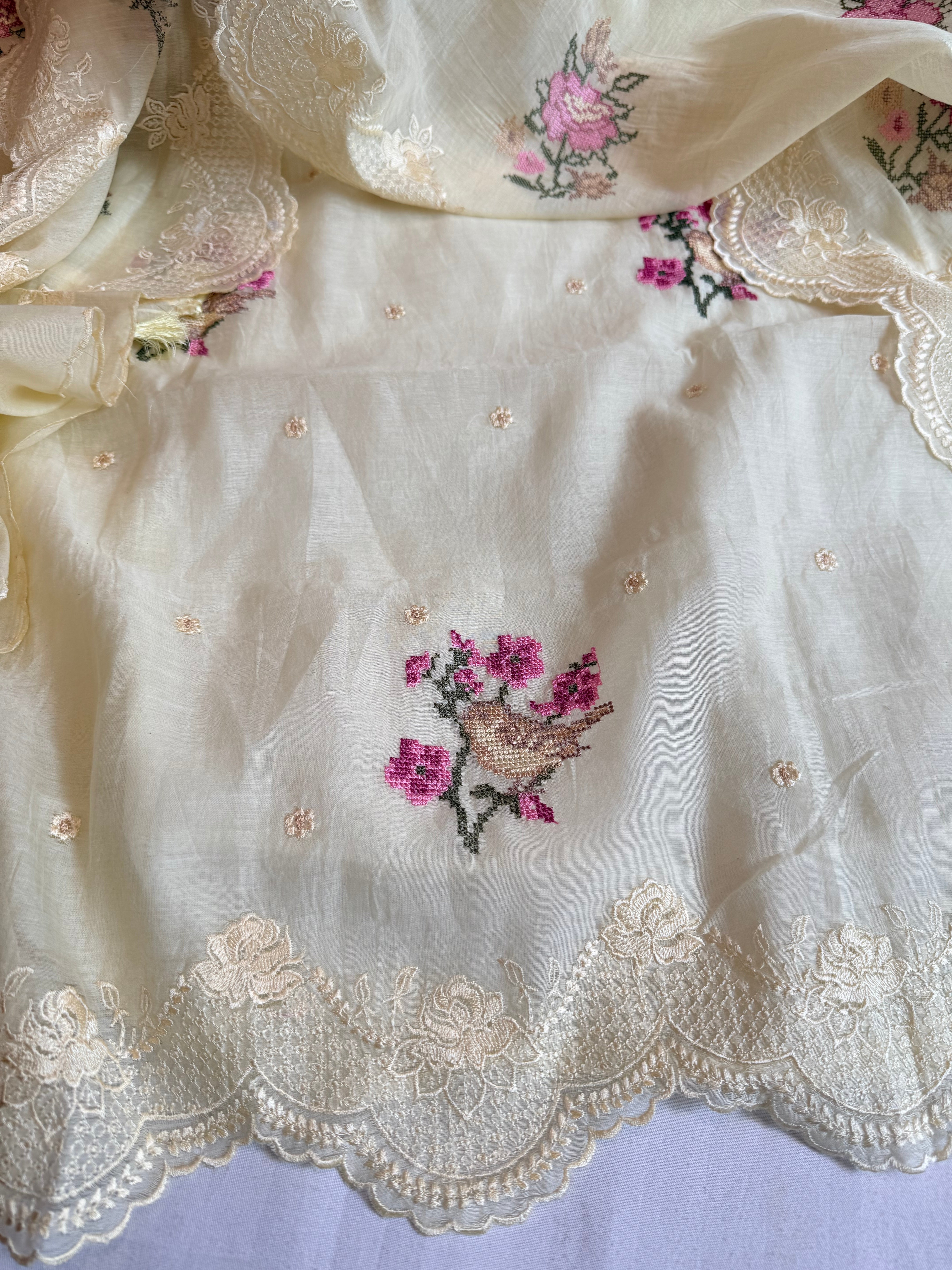 Blush lemon cross-stitch hand embroidered resham work suit set