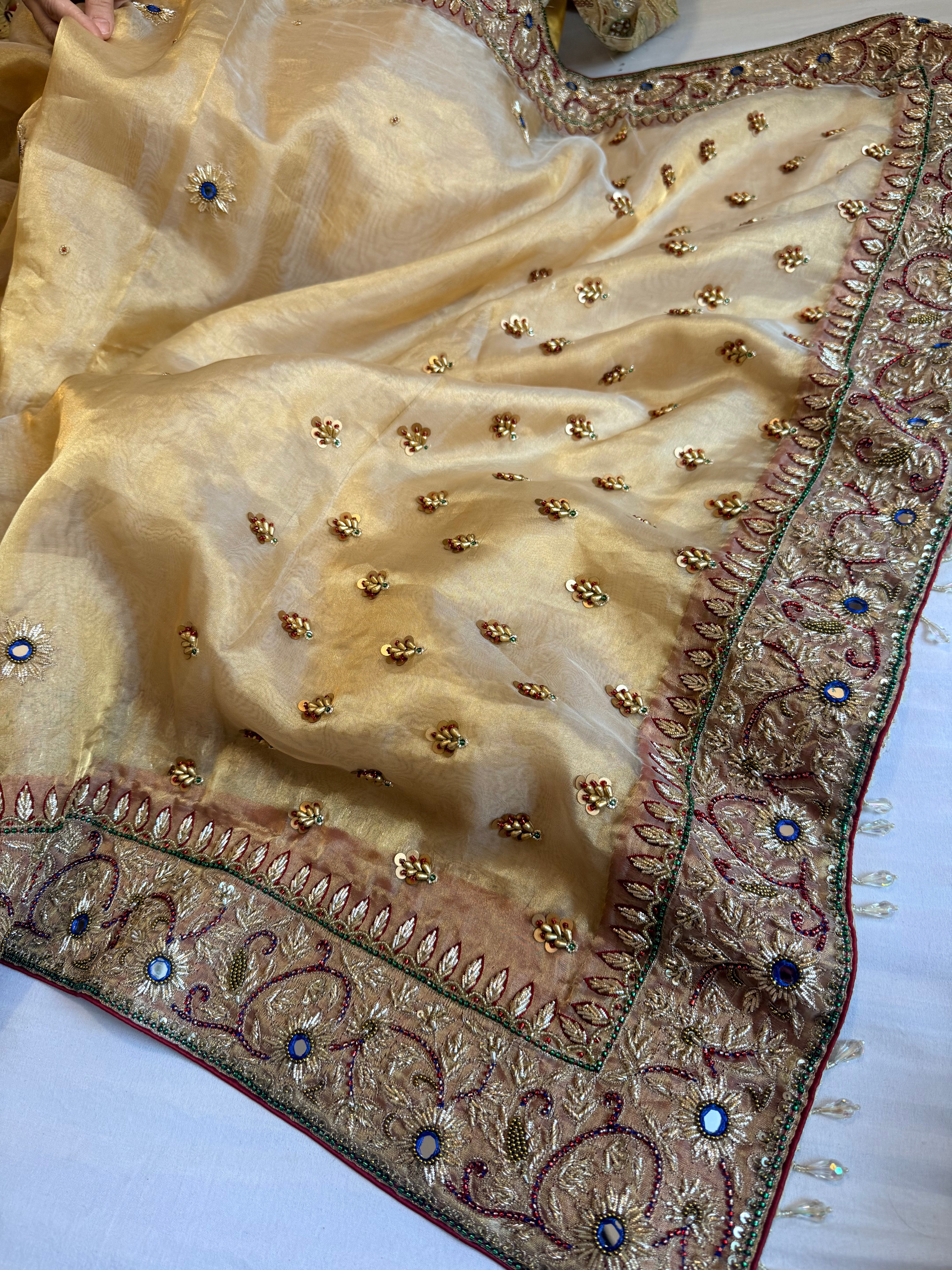 Zardozi & Jadauwork border tissue silk hand embroidered kadhwa butter gold saree