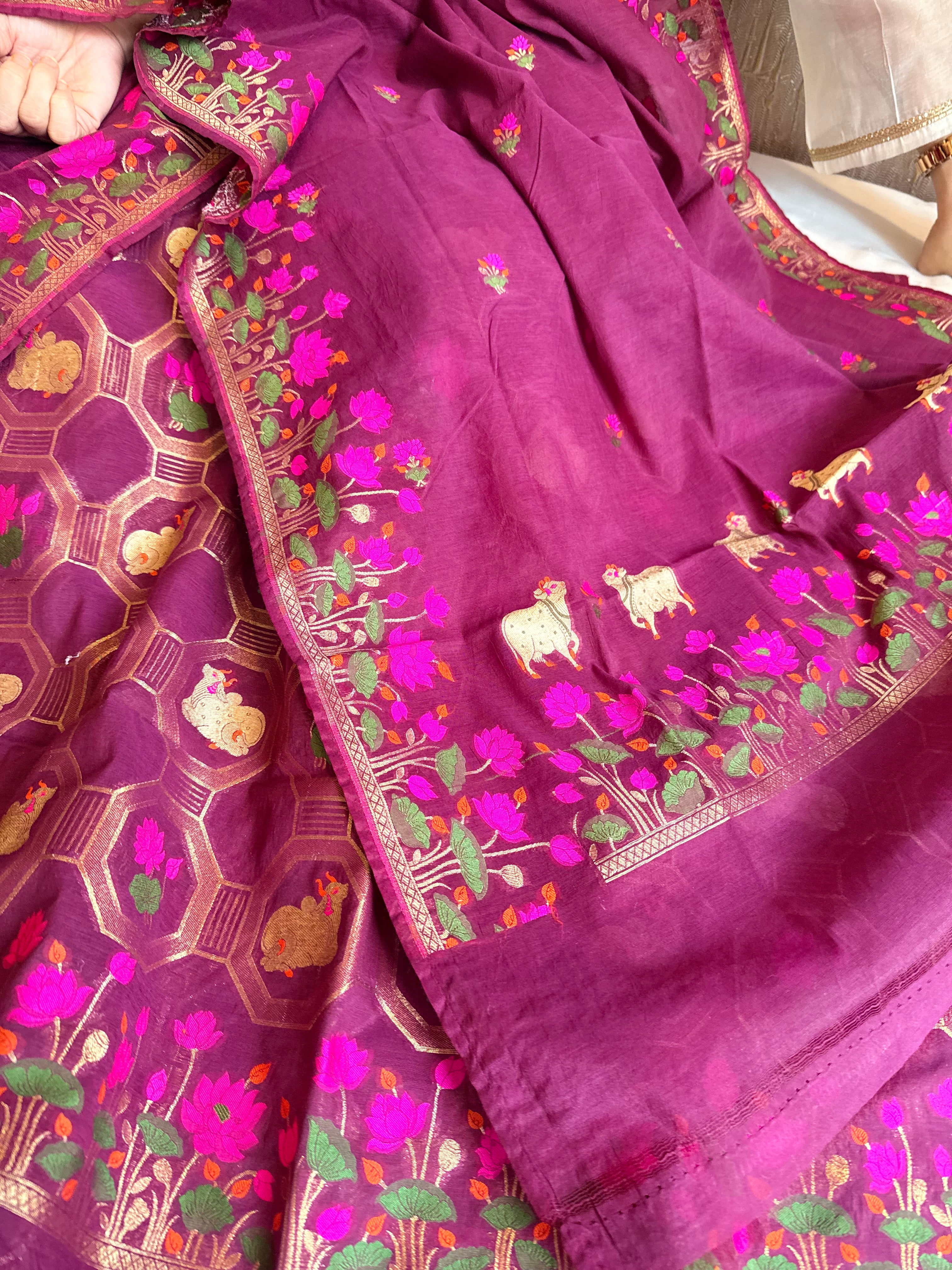 Mul cotton banarasi meenakari nandu motif suit sets