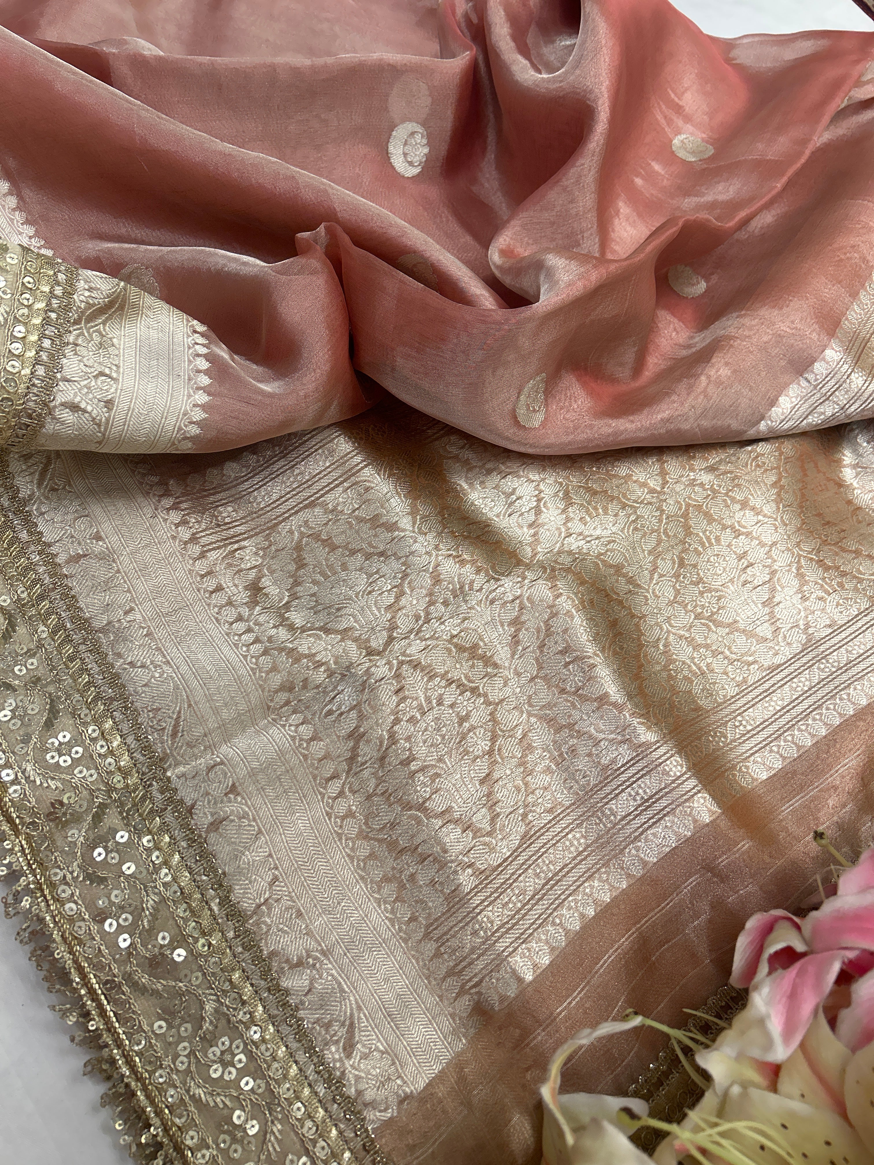 Tissue silk chand buta contrast border saree