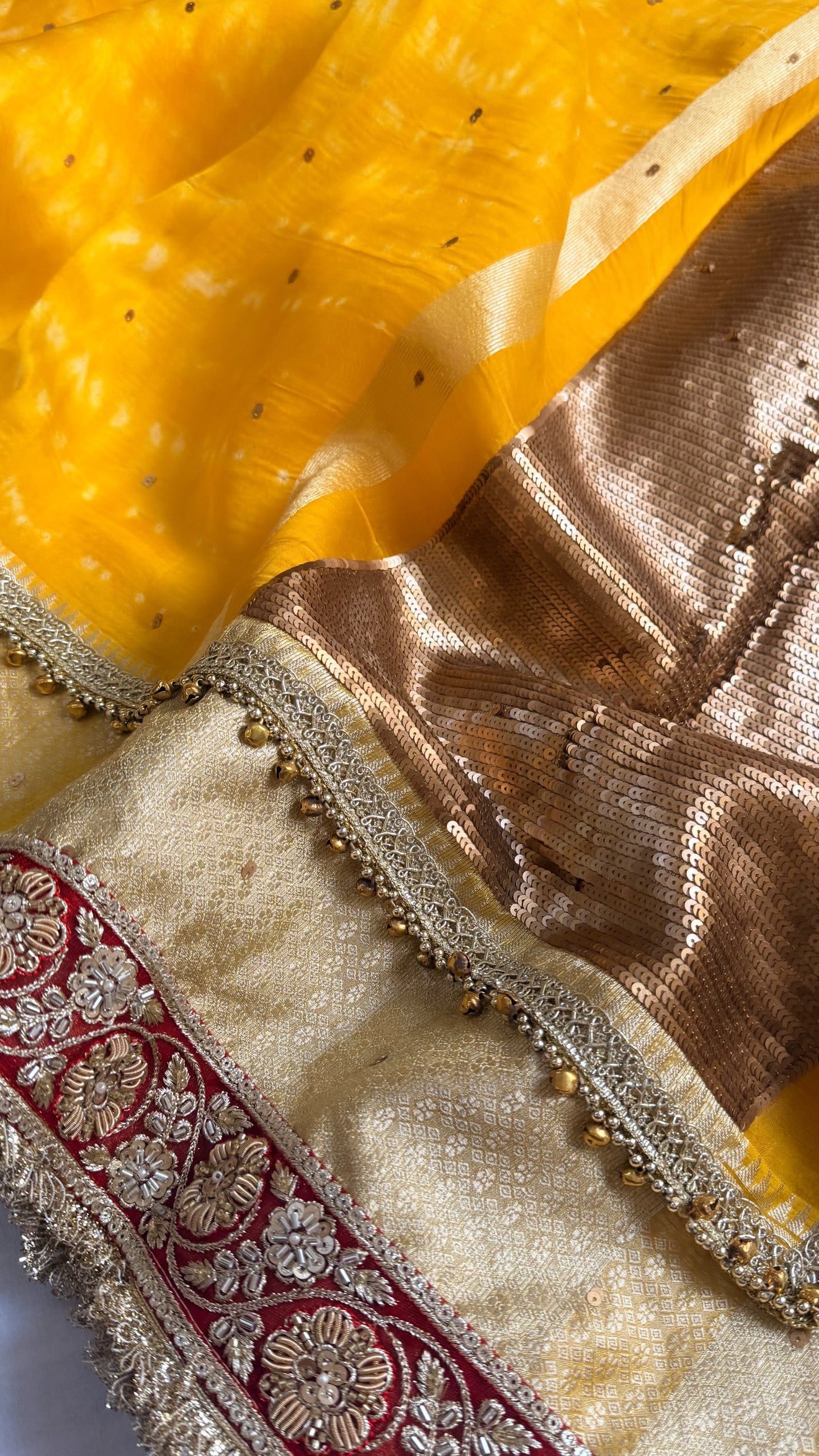 Chan Chan ghungroo haldi yellow work kora silk leheriya dye kadhwa saree