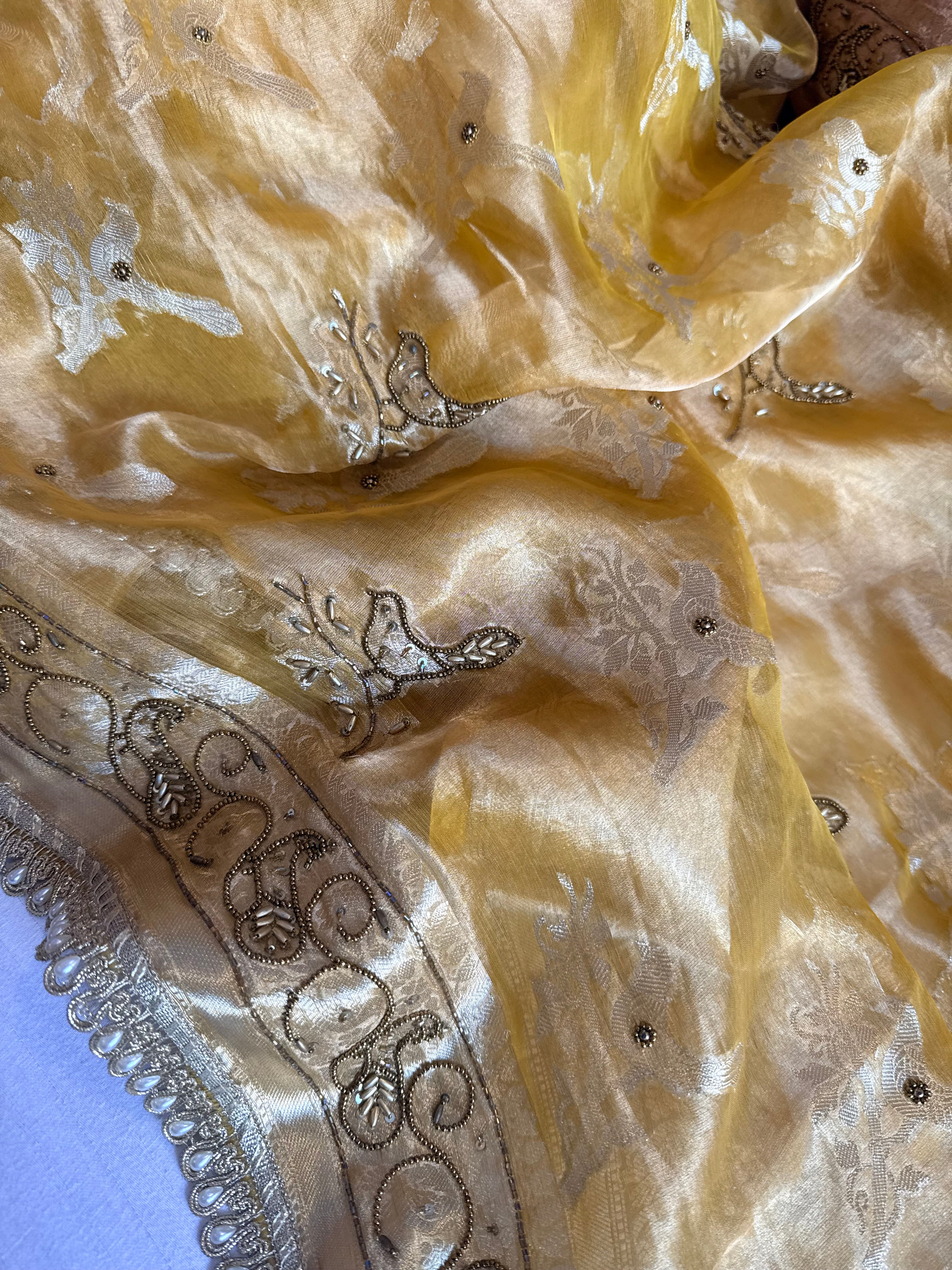 Chiraiya wali saree - Butter gold tissue silk figure motif weaving and hand embroidered saree