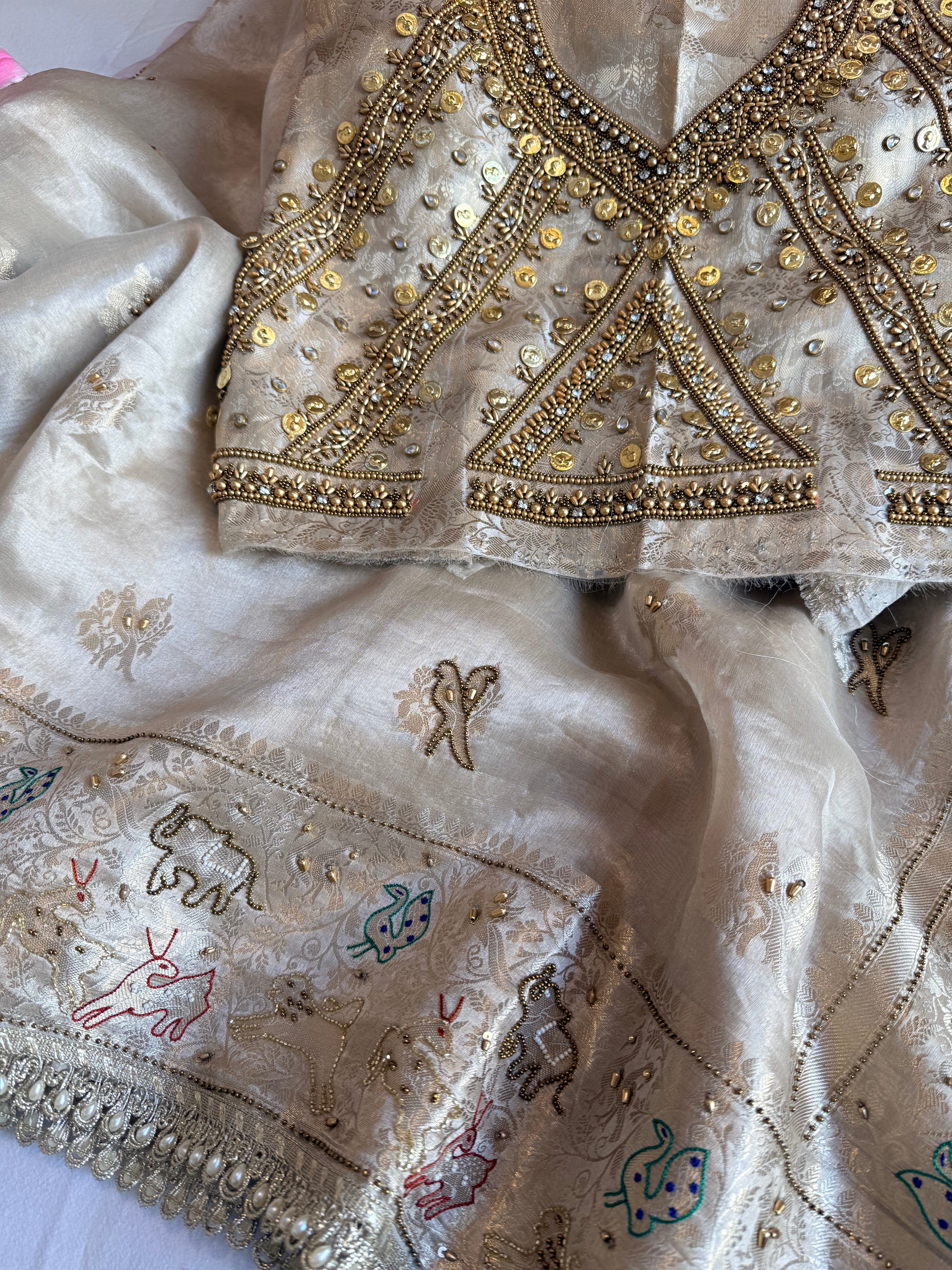 Vrindavan edit saree - Champagne gold diamond tissue silk hand embroidered jadau work saree