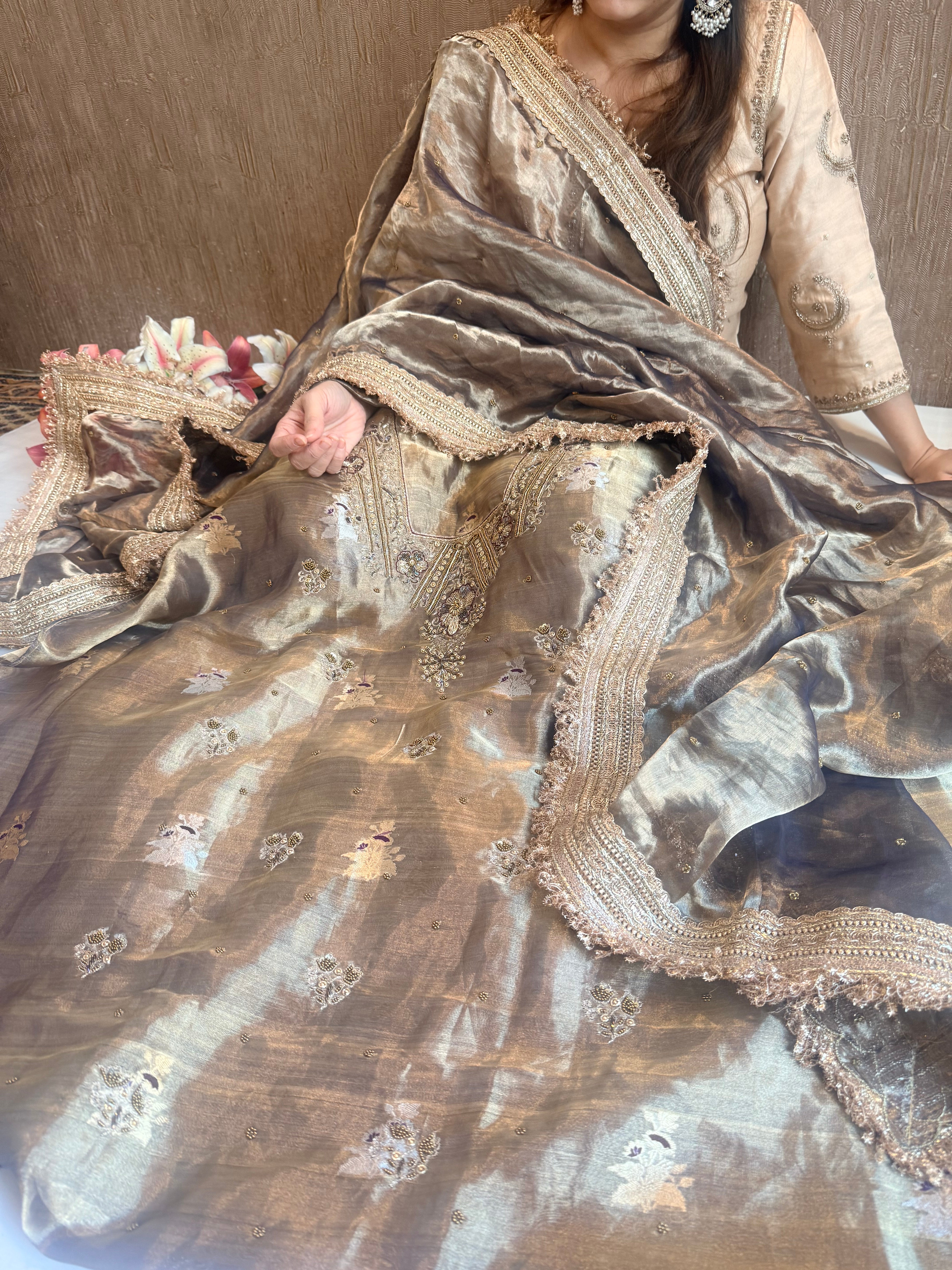 Molten gold tissue silk banarasi hand embroidered kadhwa suits