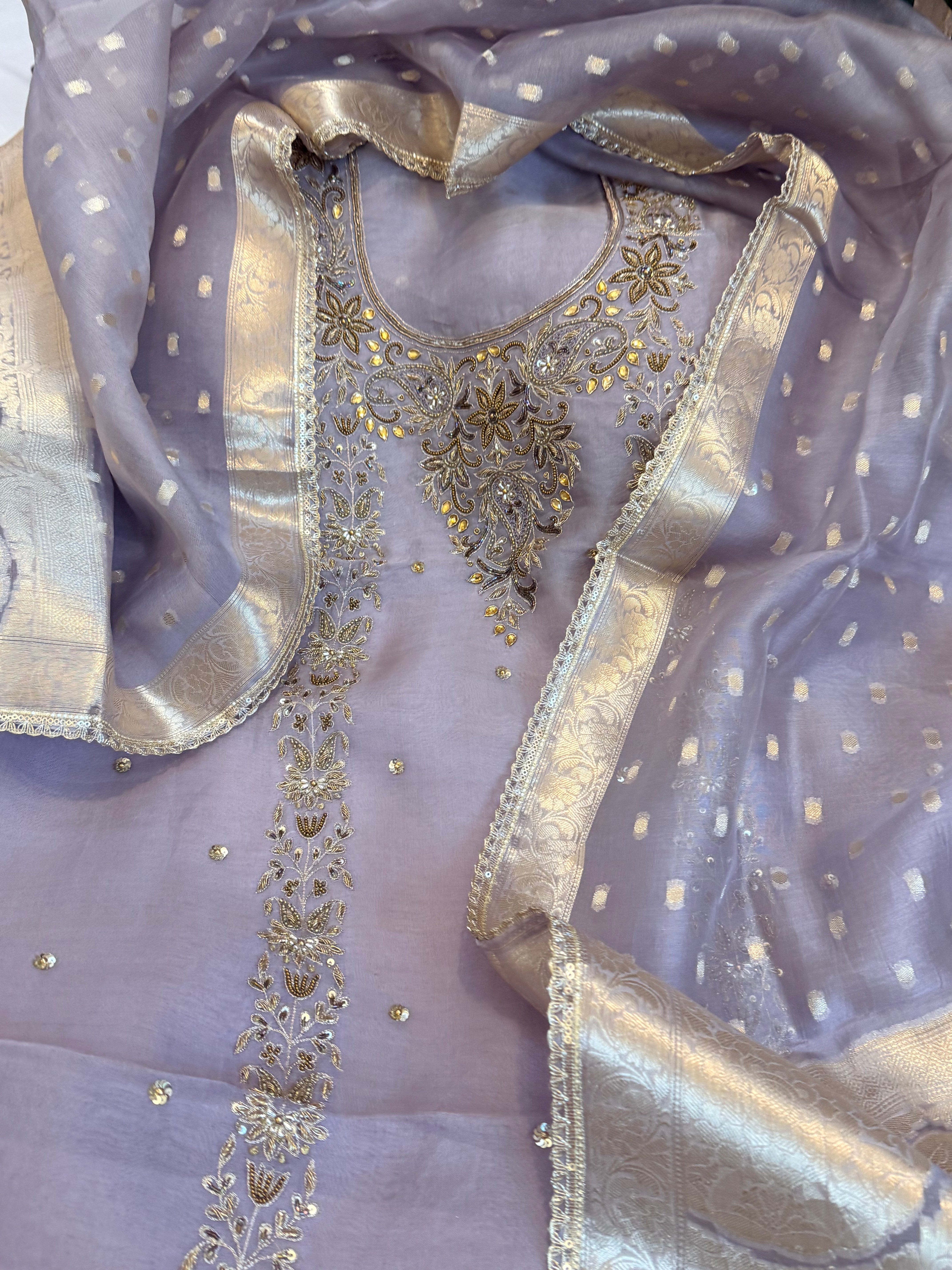 Lilac grey kora silk gotapatti hand embroidered suit set