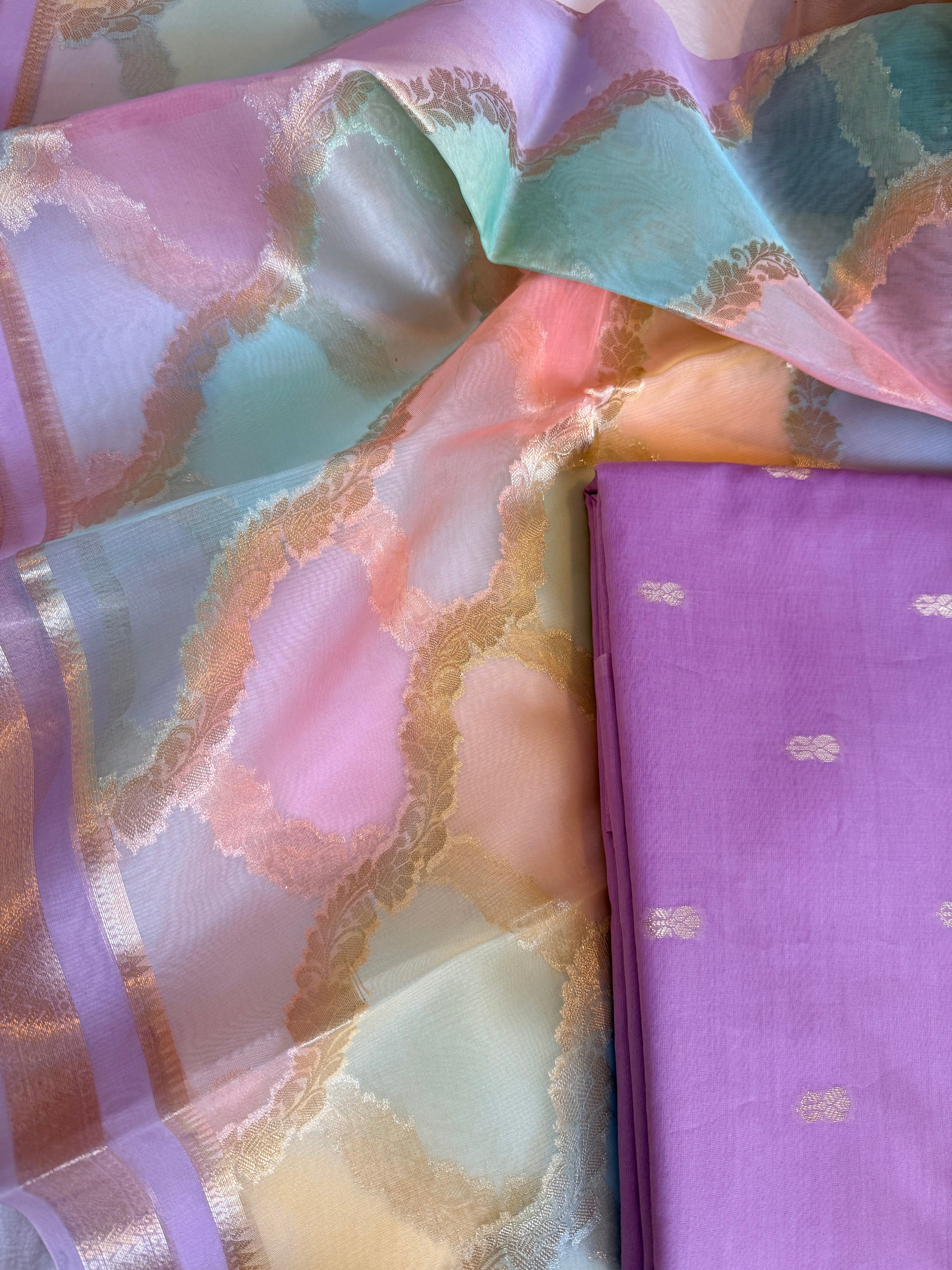 Banarasi chiniya silk kurta paired with candy colours rangkaat kora silk duppata