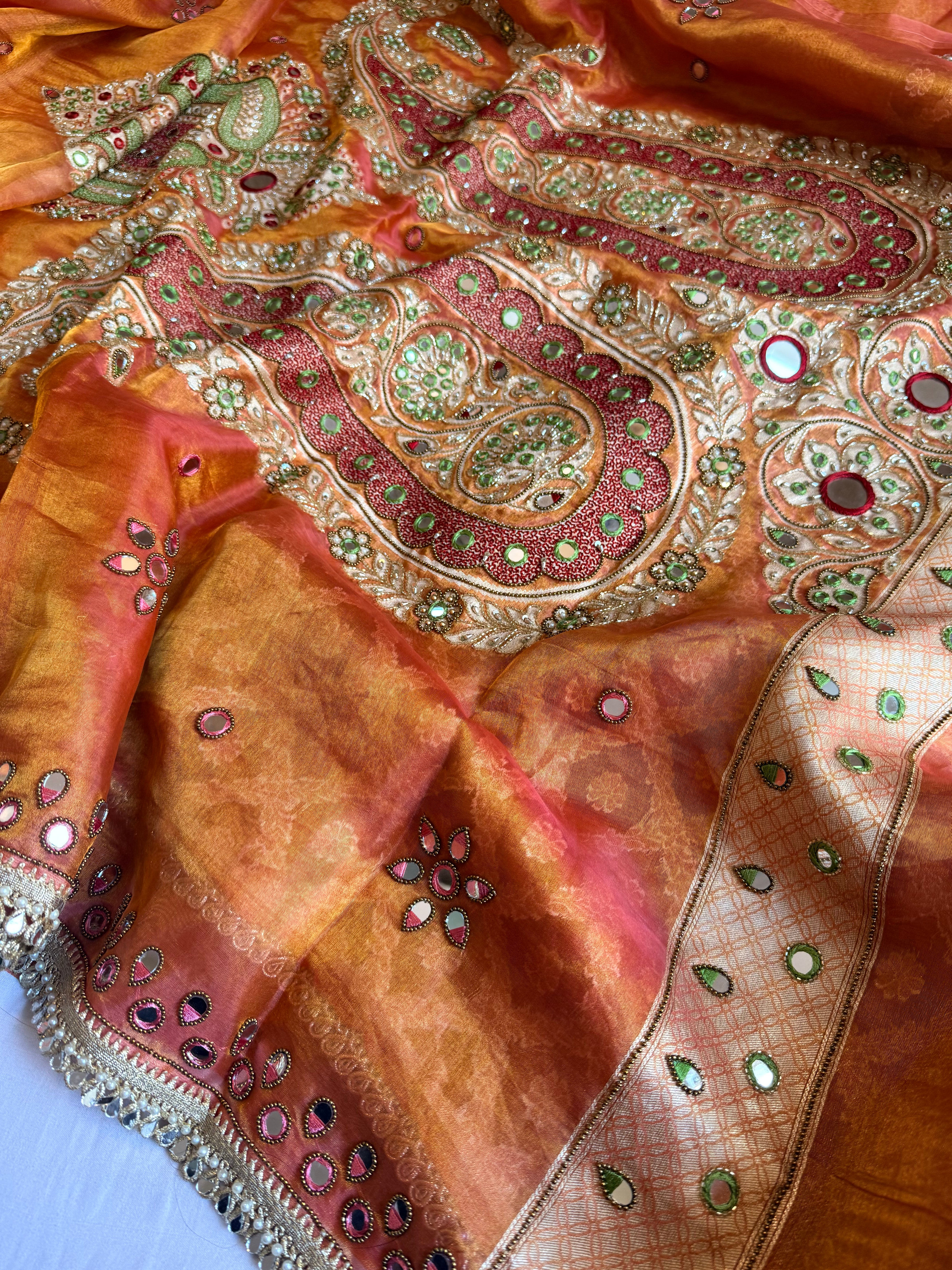 Dhup chao effect tissue silk mirrorwork hand embroidered Paithani pallu kadhwa saree