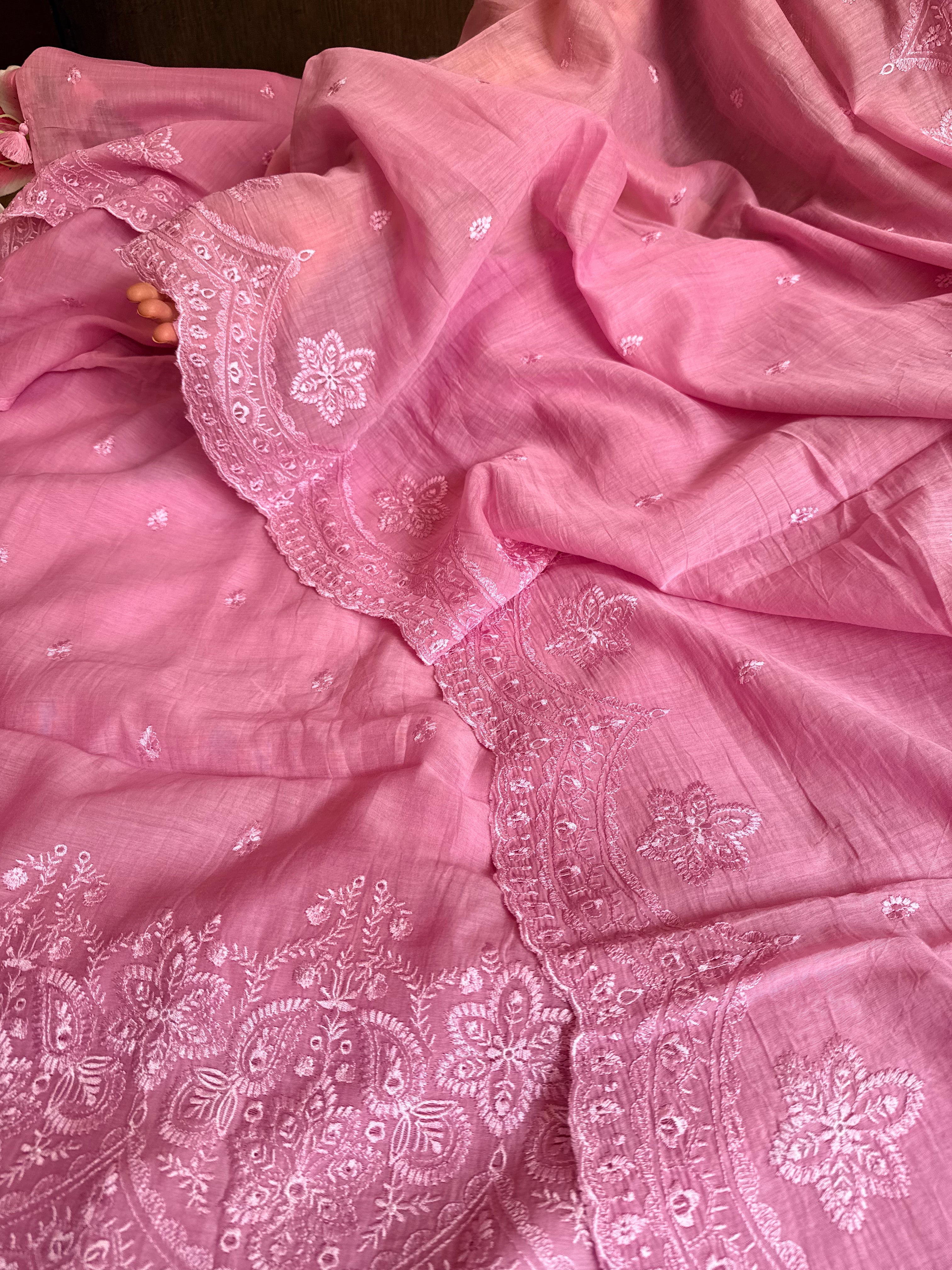 Candy pink mul cotton thread hand embroidered suit set