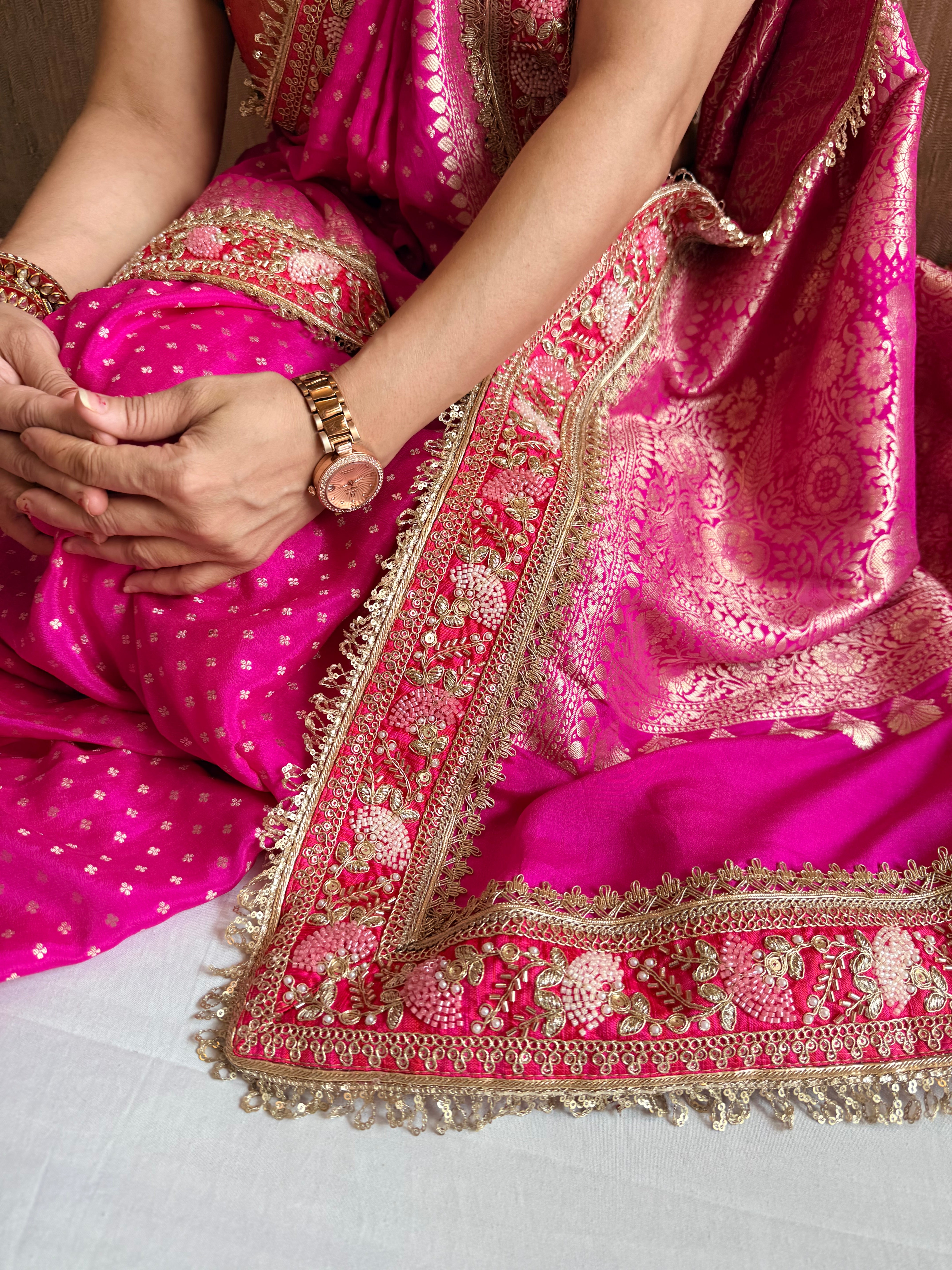 Hot pink moonga silk hand embroidered kadhwa weaving saree