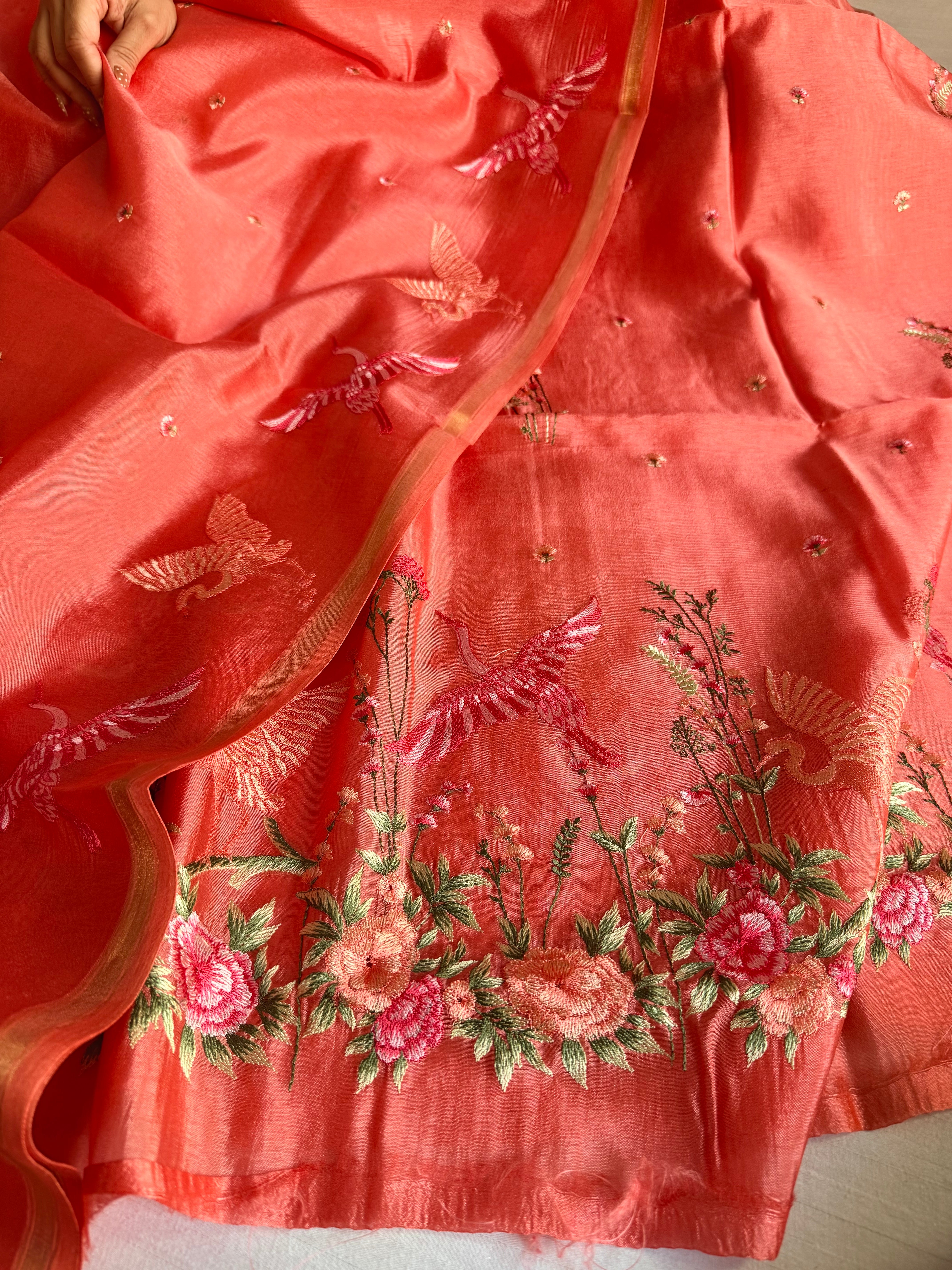 Suits under 10k - Spun chiniya silk parsi gara hand embroidered suit set