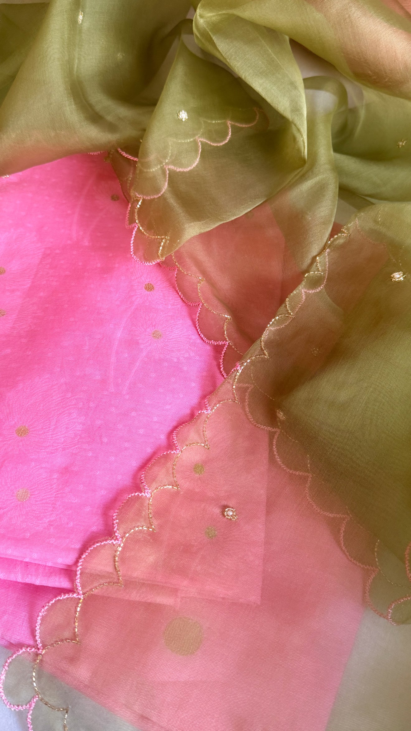 Summer suits under 8k - Mul cotton pink kurta paired with kora silk scalloped green duppata set