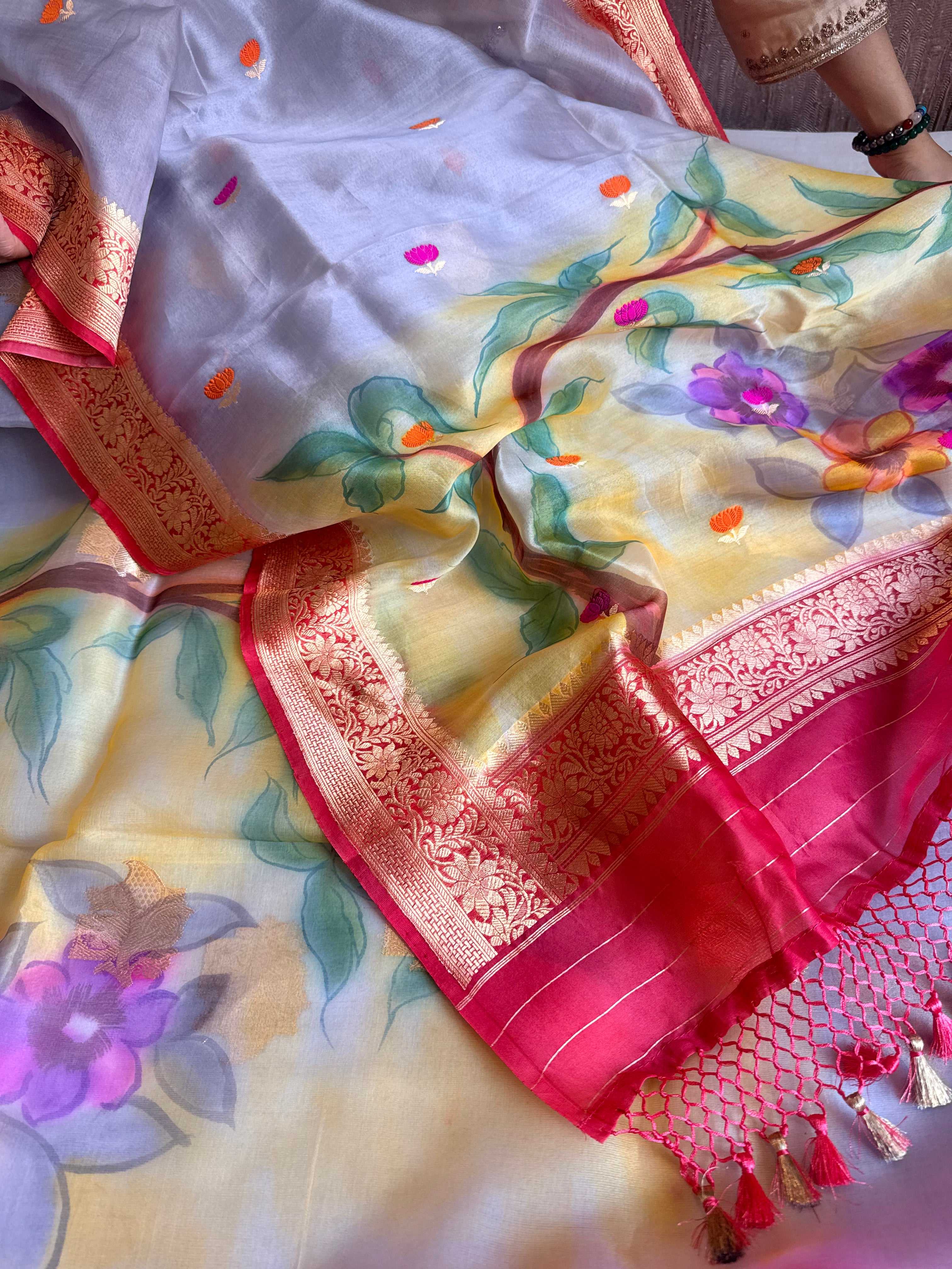 Rainbow dyed kora silk handpainted brush dyed banarasi suit sets