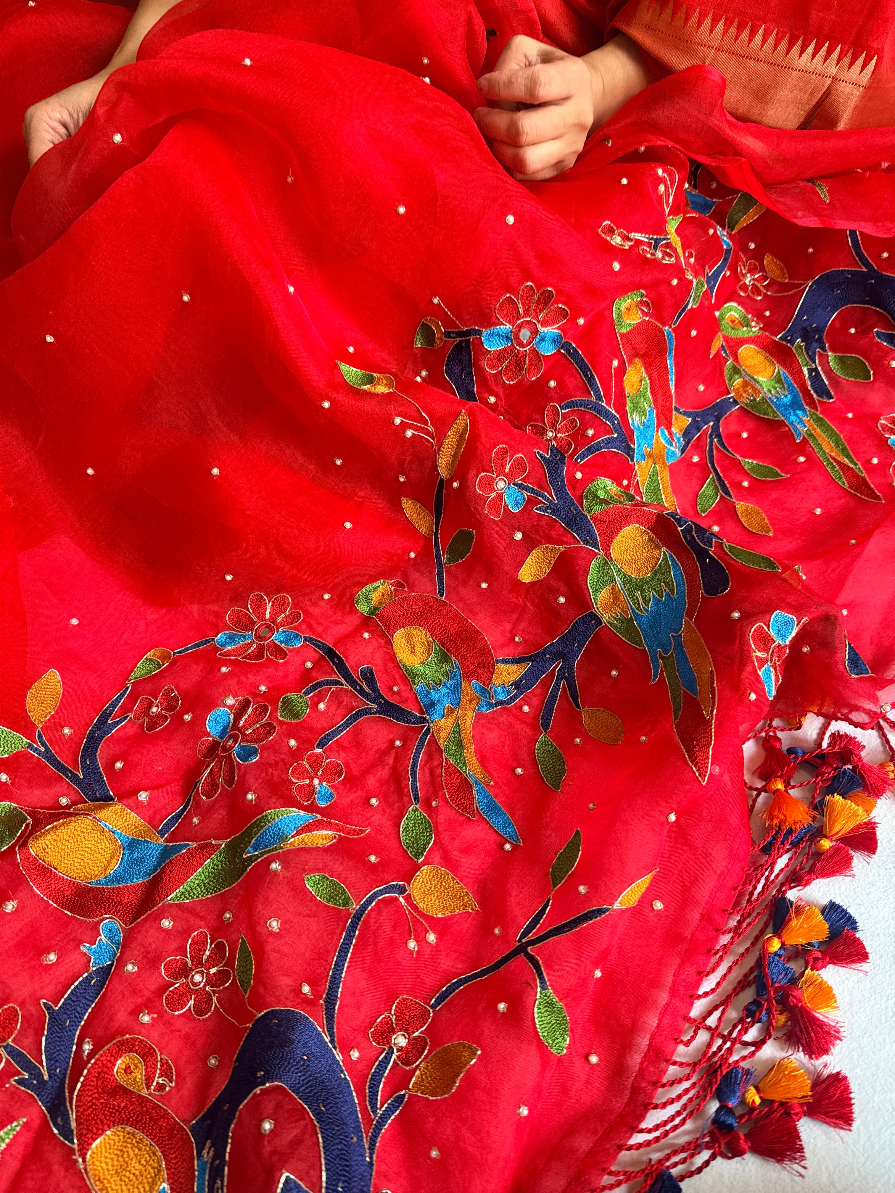 Kora silk blood red paithani design inspired hand embroidered saree