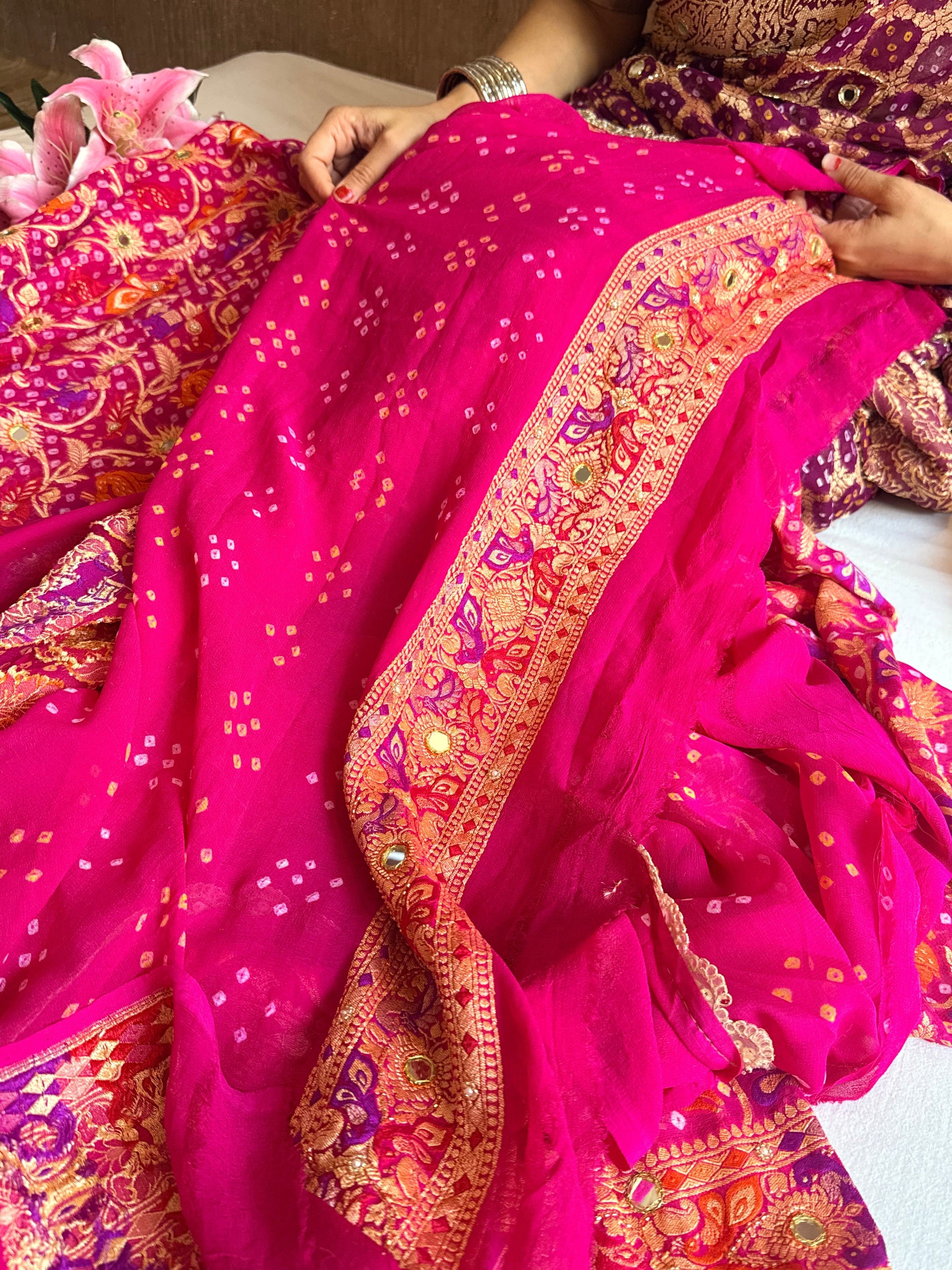 Banarasi chiffon gorgette rai bandhej kadhwa weaving hand embroidered saree