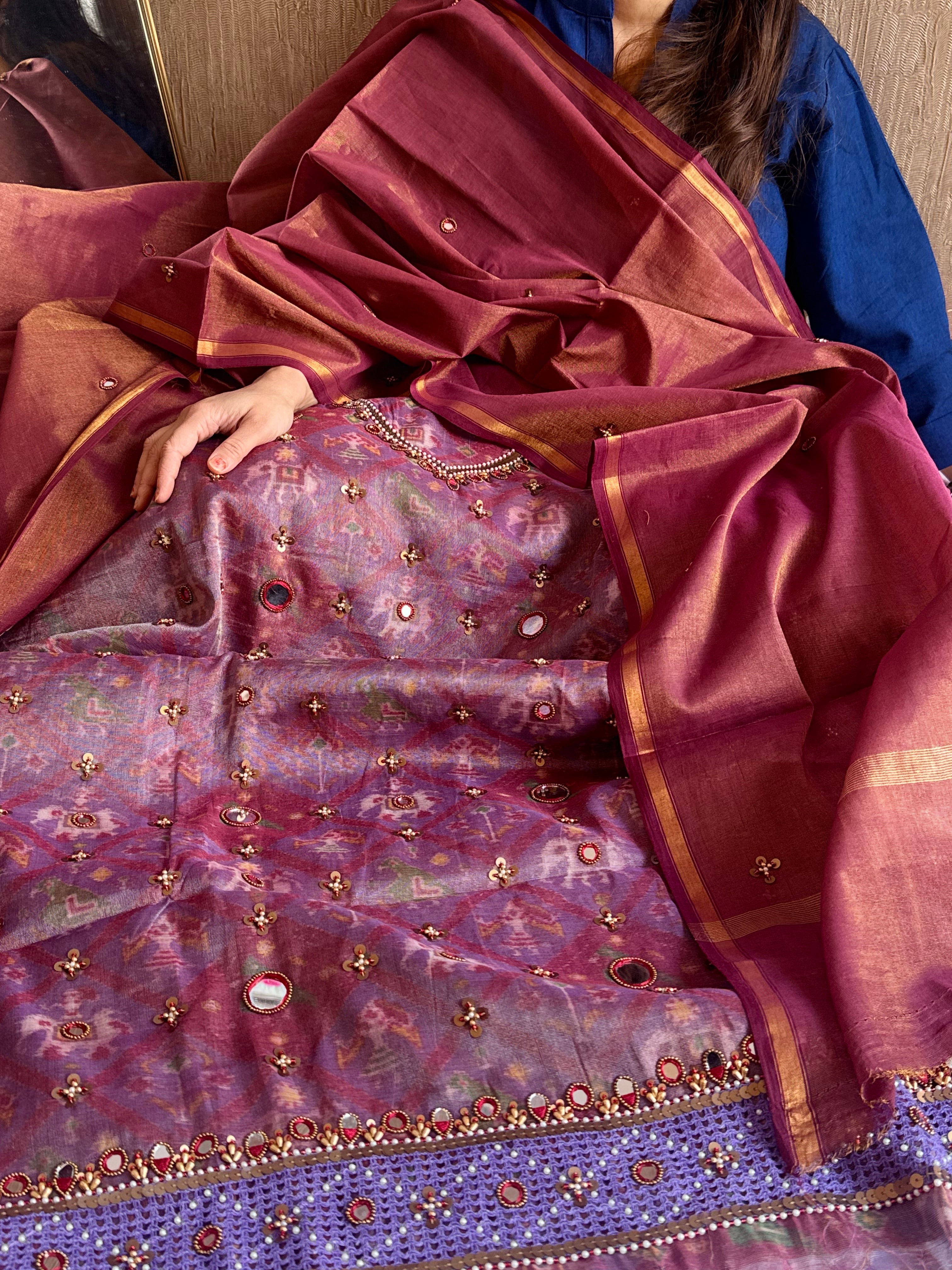 Patola weaving hand embroidered mul cotton tissue suit sets