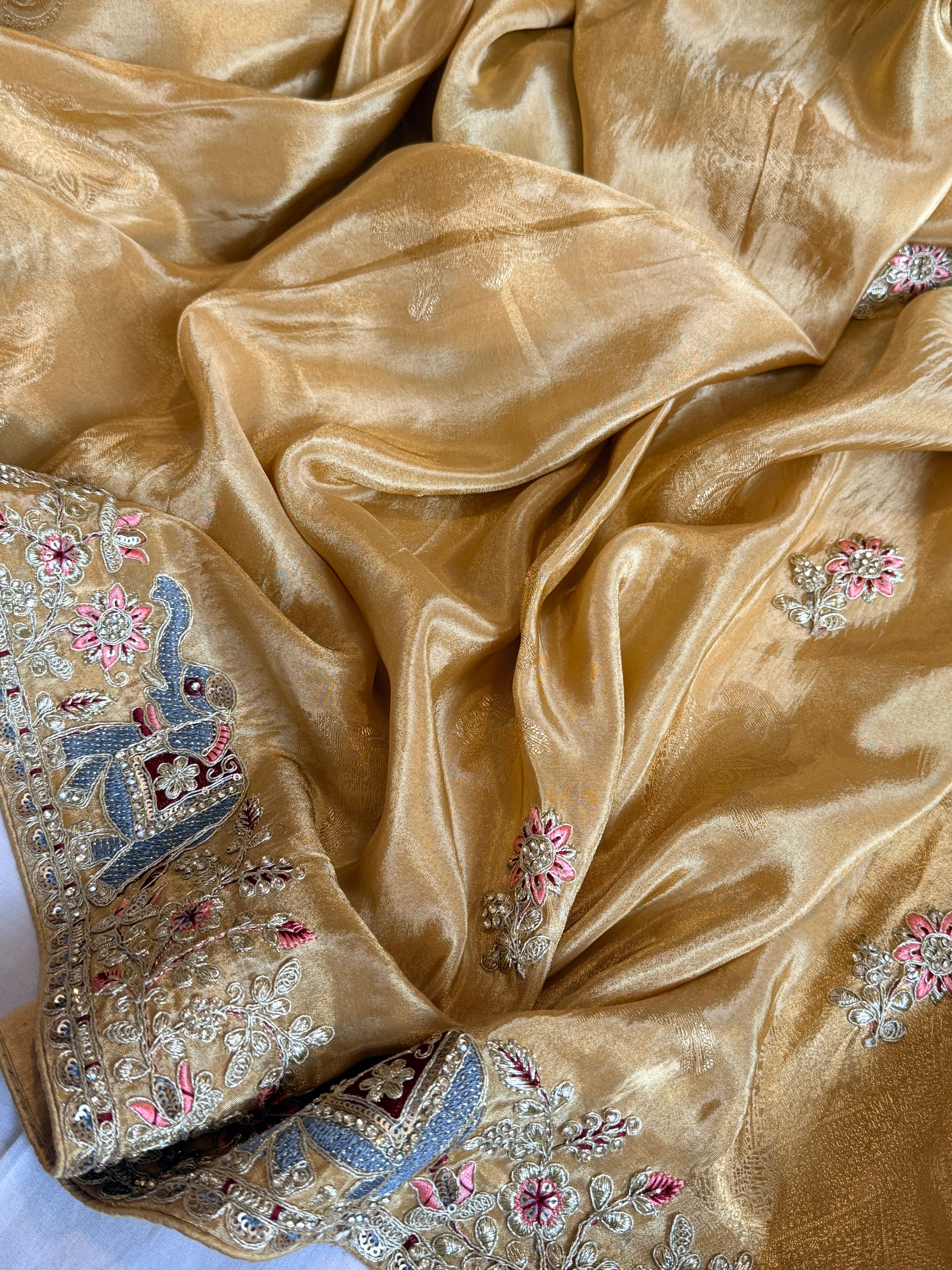 Butter gold hathi wali crepe tissue silk embroidered saree