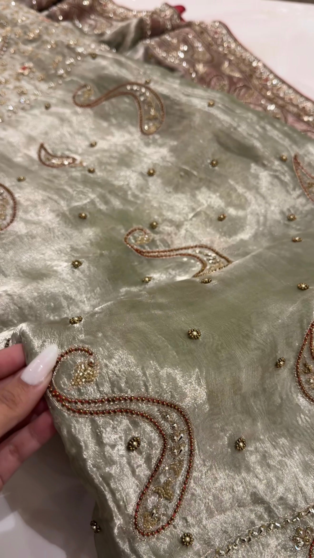 Umrao jaan inspired mint-red tissue silk hand embroidered kadhwa suit set