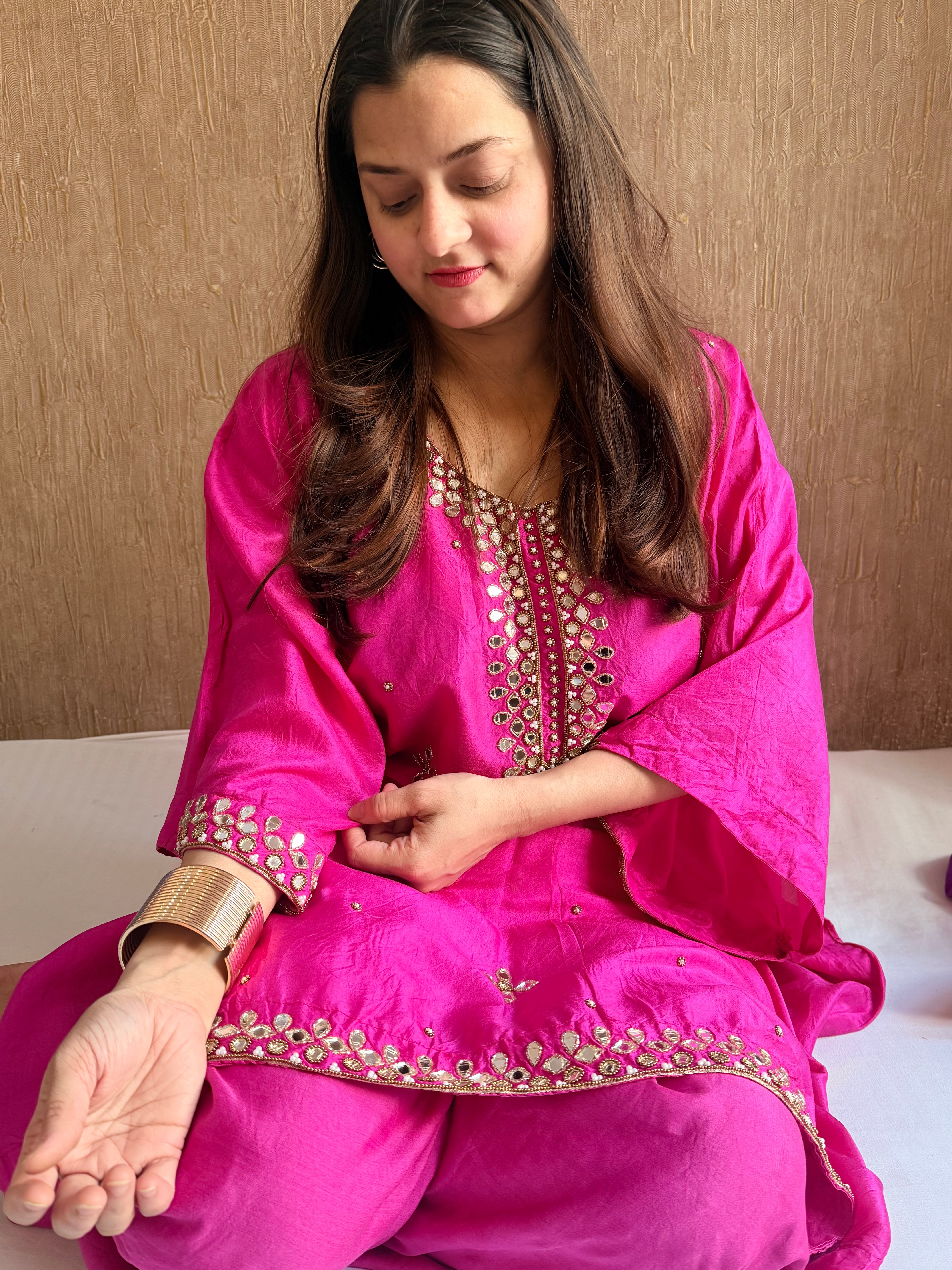 Mashru satin silk free size mirror work hand embroidered kaftan set with bottom