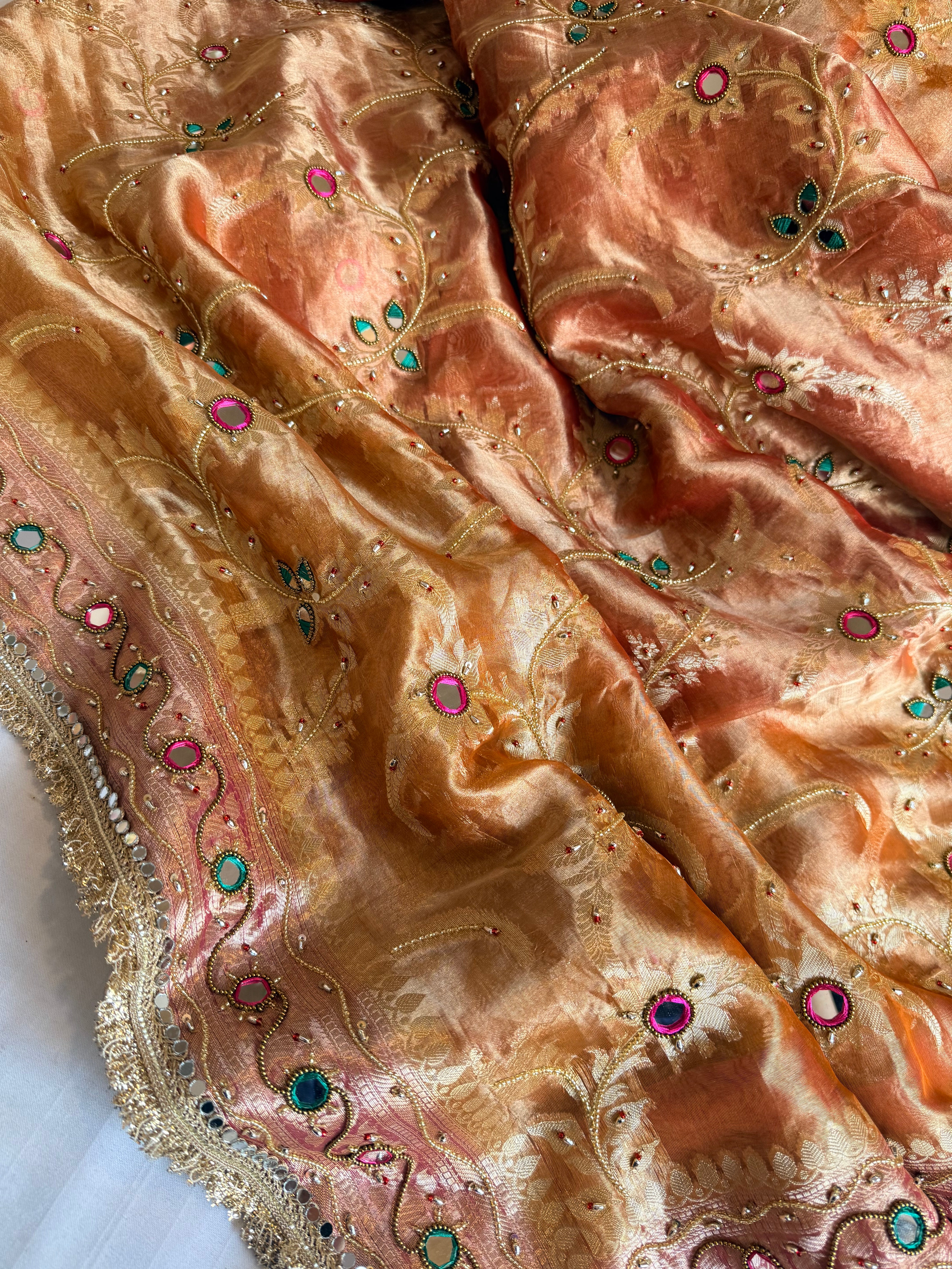 Kumkum edit tissue silk jaalwork hand embroidered saree