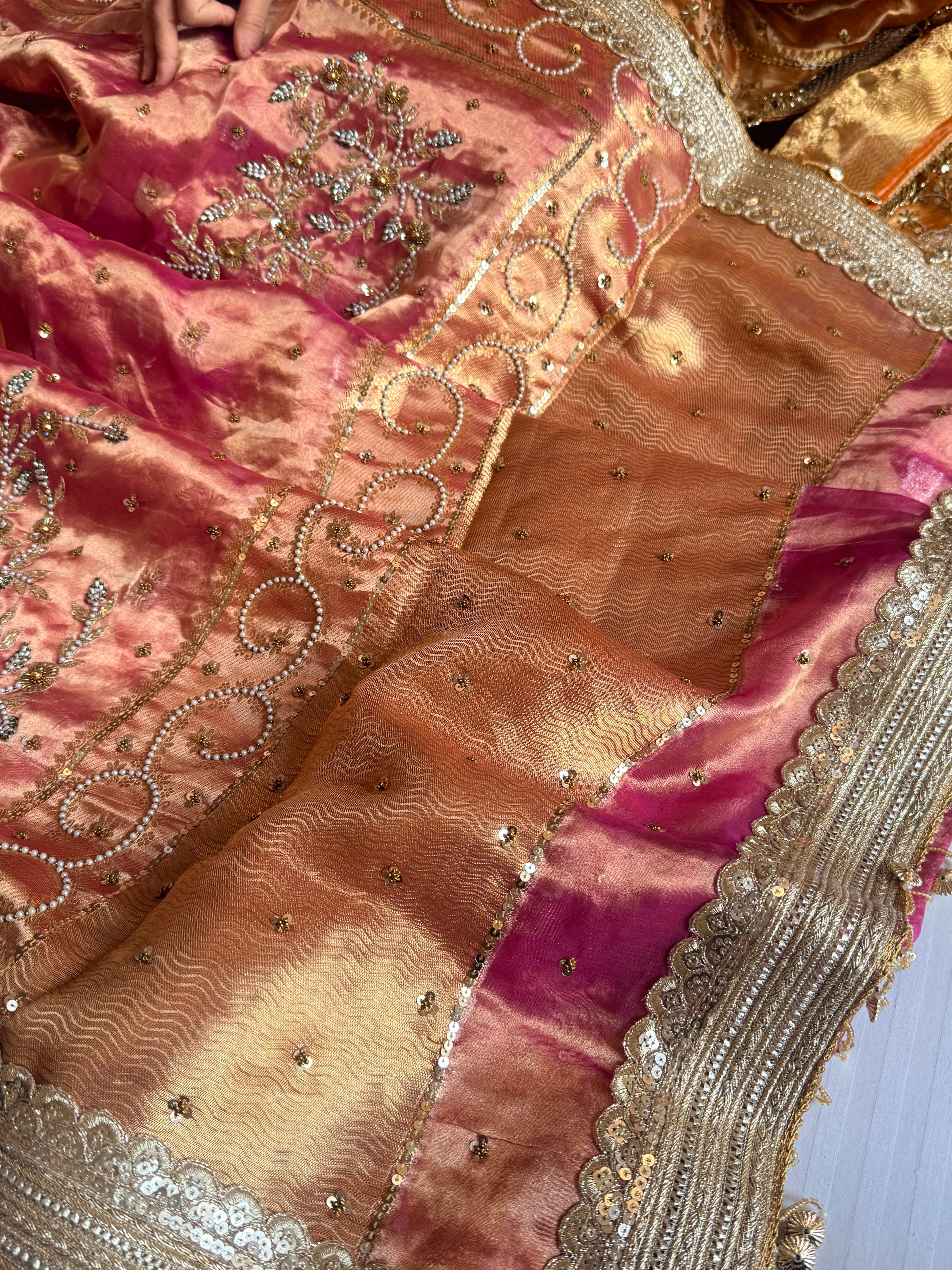 Salma-sitara molten hot pink tissue silk antique work hand embroidered saree