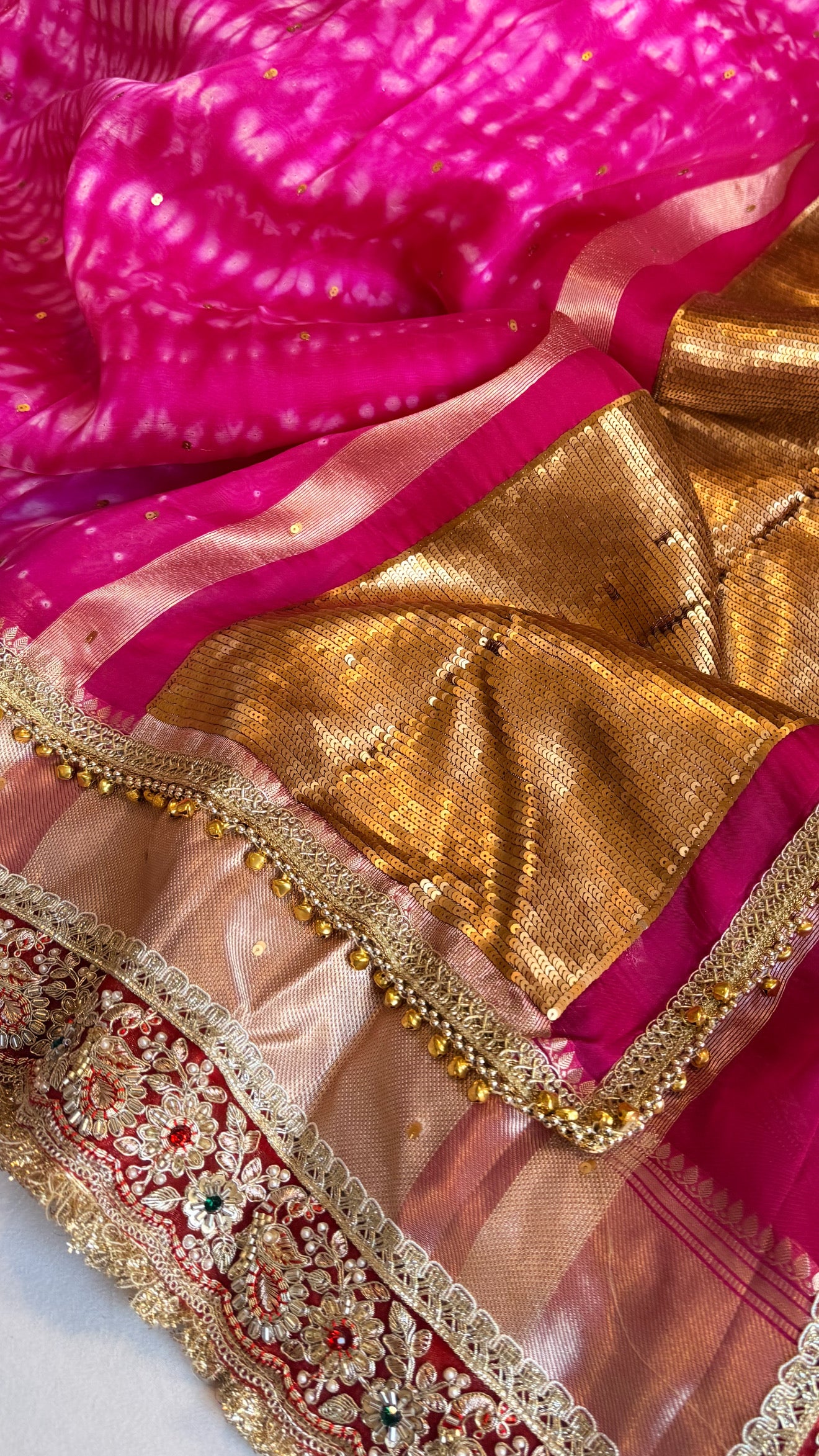 Chan Chan ghungroo hot pink work kora silk leheriya dye kadhwa saree