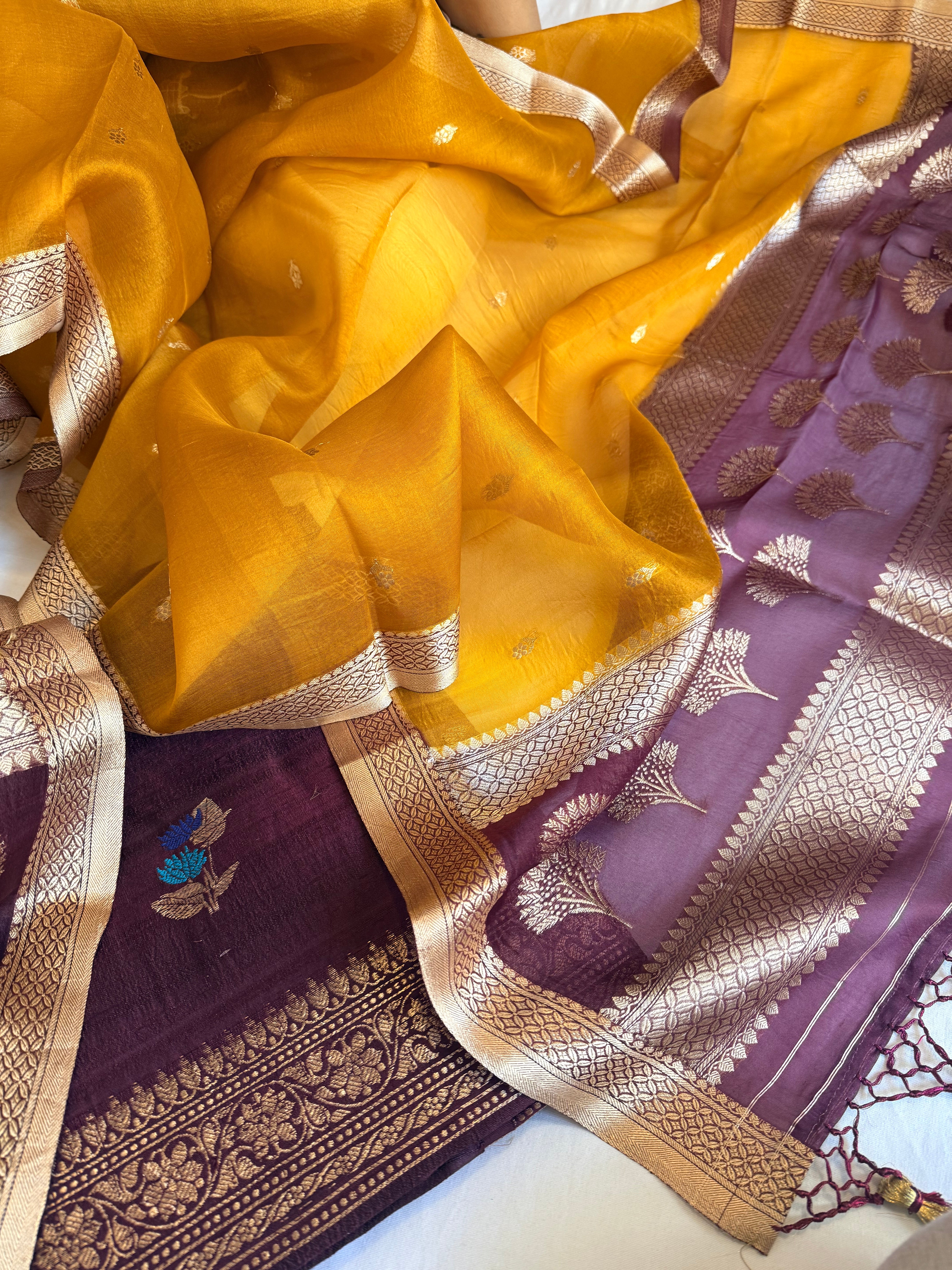 Deep plum-mustard yellow raw silk kadhwa kurta paired with kora silk chap dye duppata