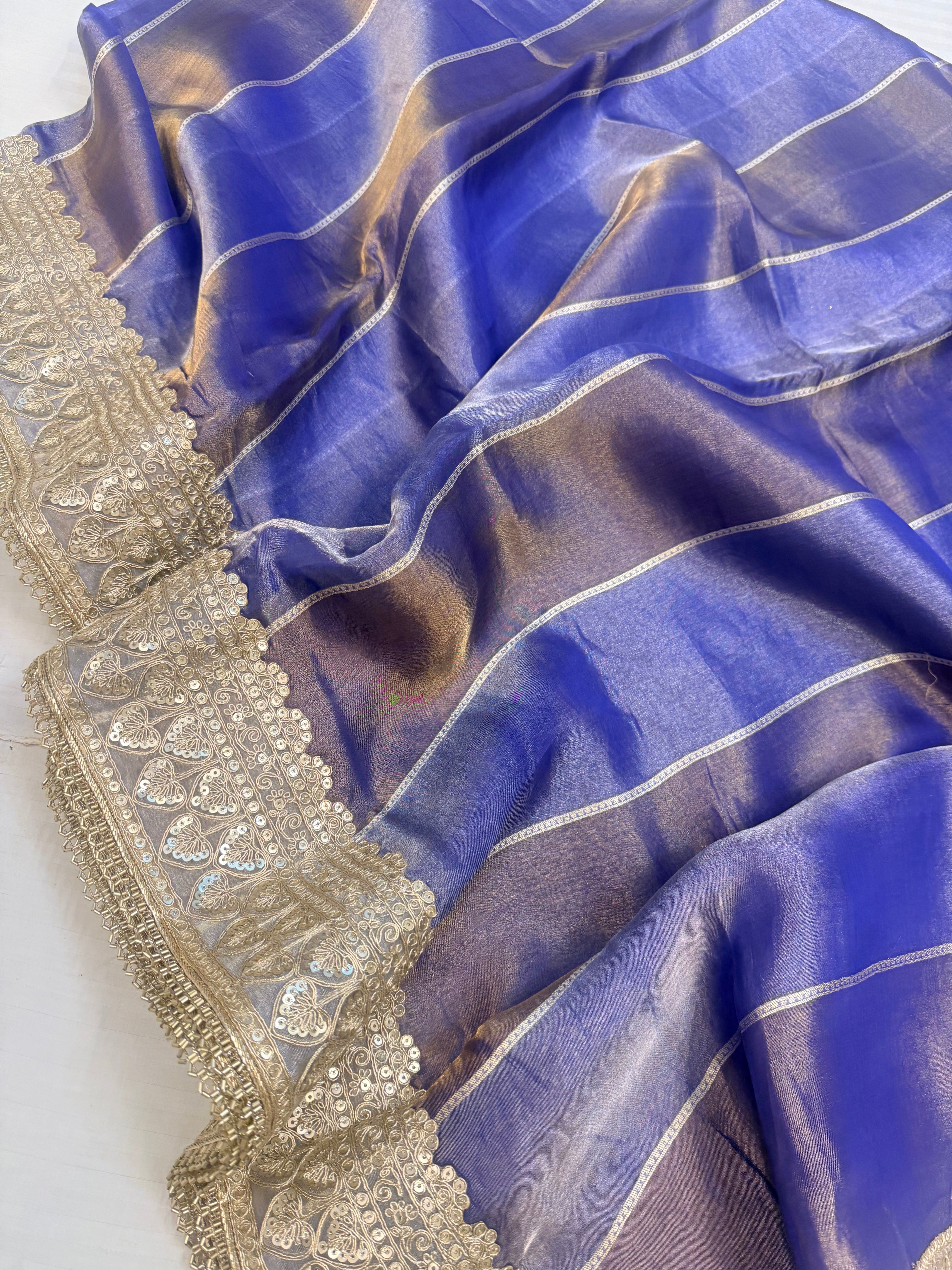 Violet purple tissue silk striped kadhwa gotapatti saree