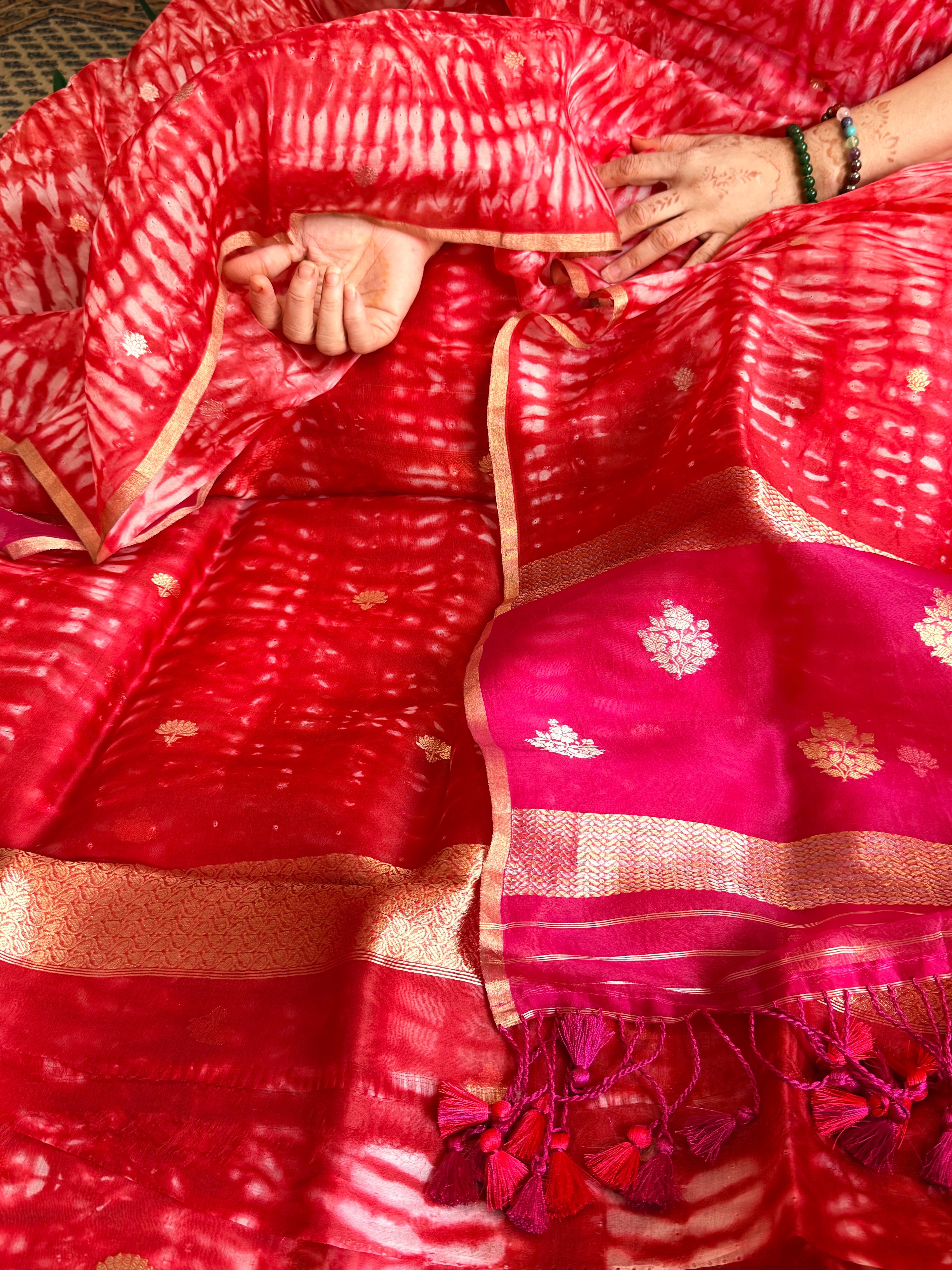 Cherry red banarasi blue kora silk shibori dye kadhwa suit set