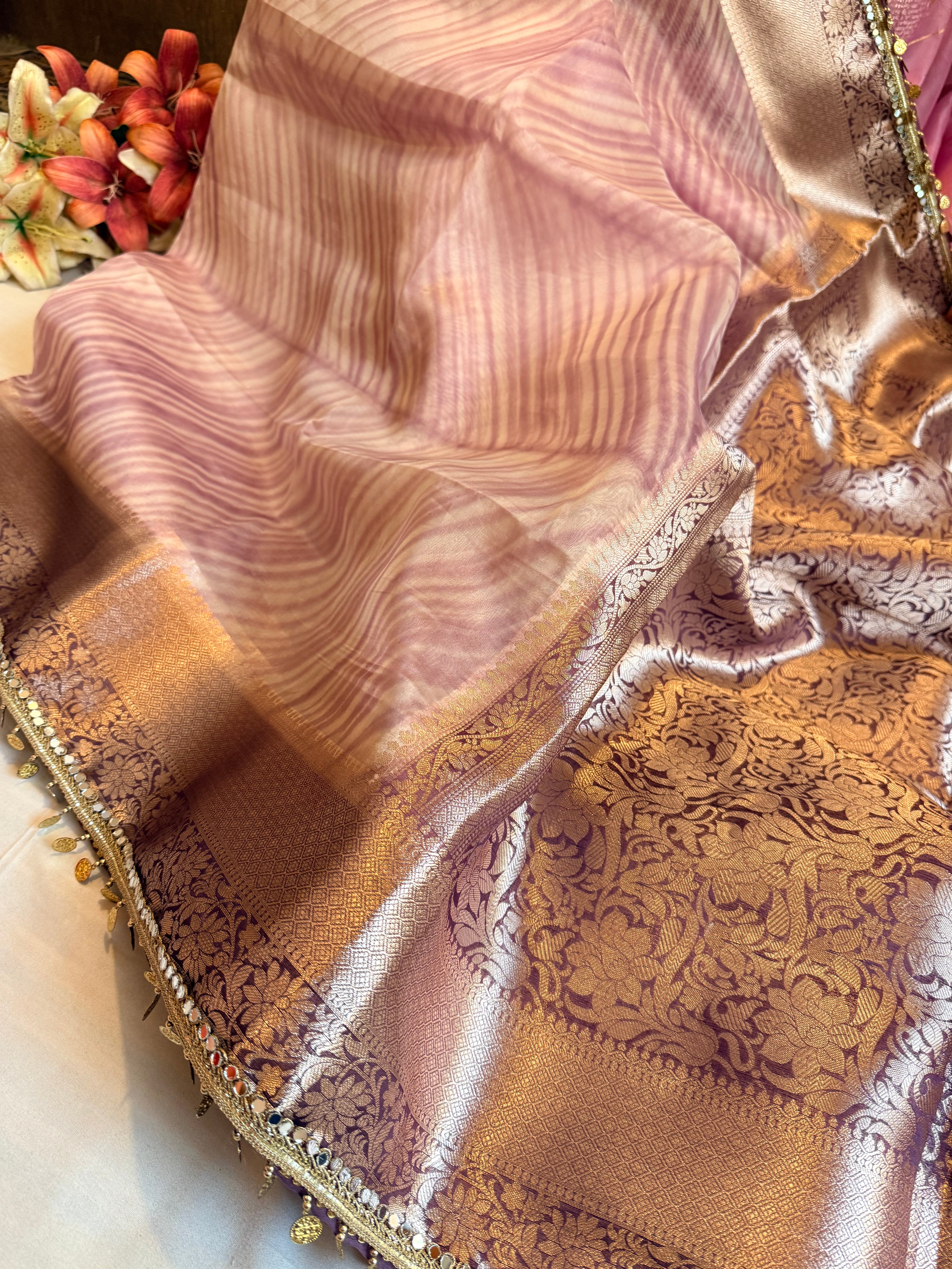 Rainbow dyed kora silk kadhwa border handloom saree