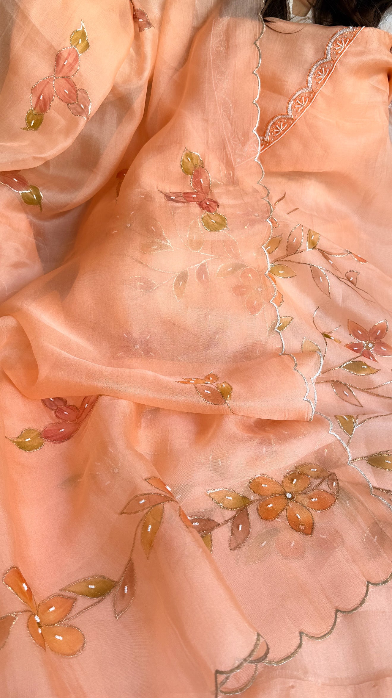 Baagicha edit - Banarasi kora silk handpainted floral hand embroidered suit set
