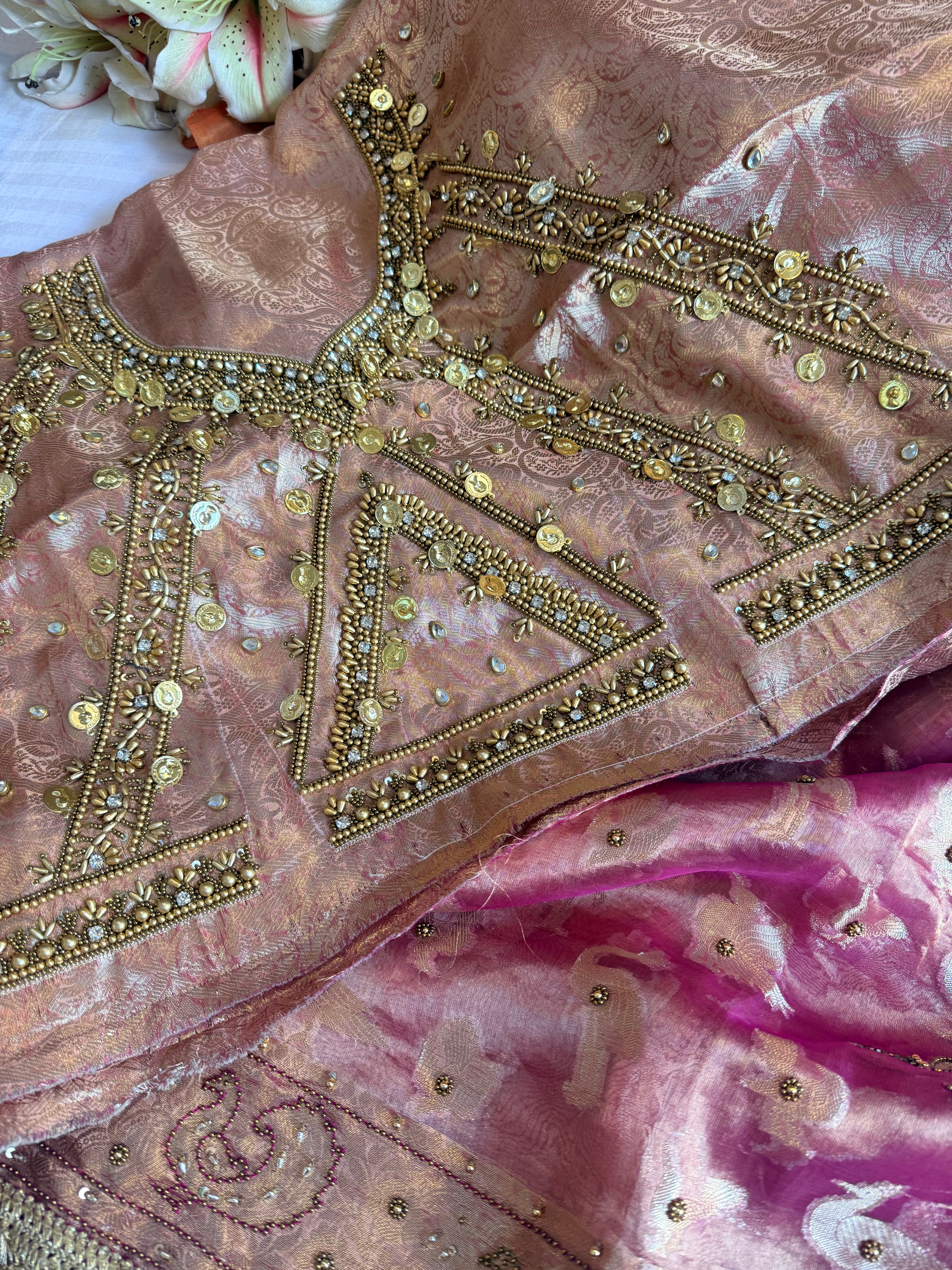 Chiraiya wali saree - Cherry pink tissue silk figure motif weaving and hand embroidered saree