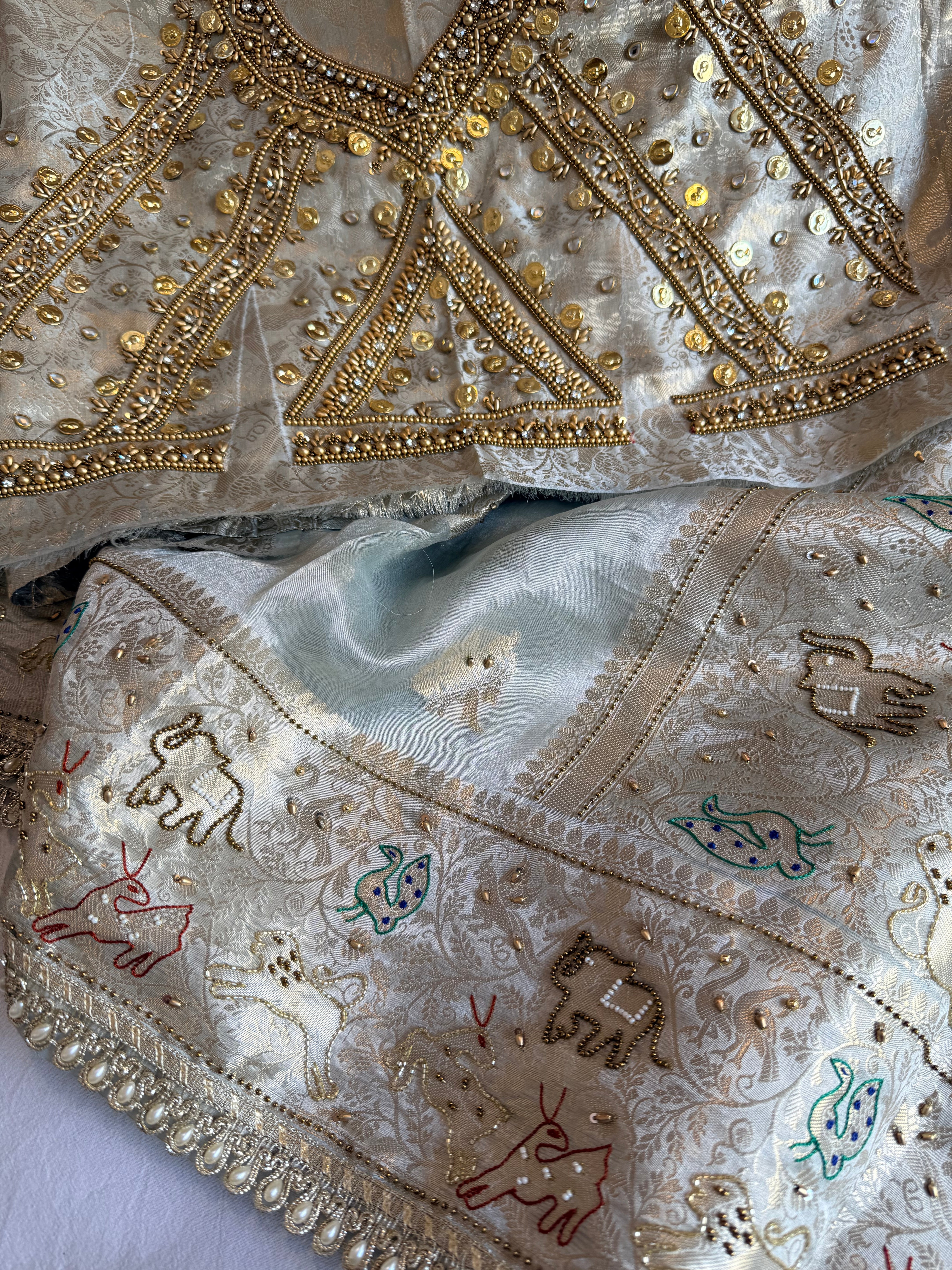 Vrindavan edit saree - Ice blue diamond tissue silk hand embroidered jadau work saree