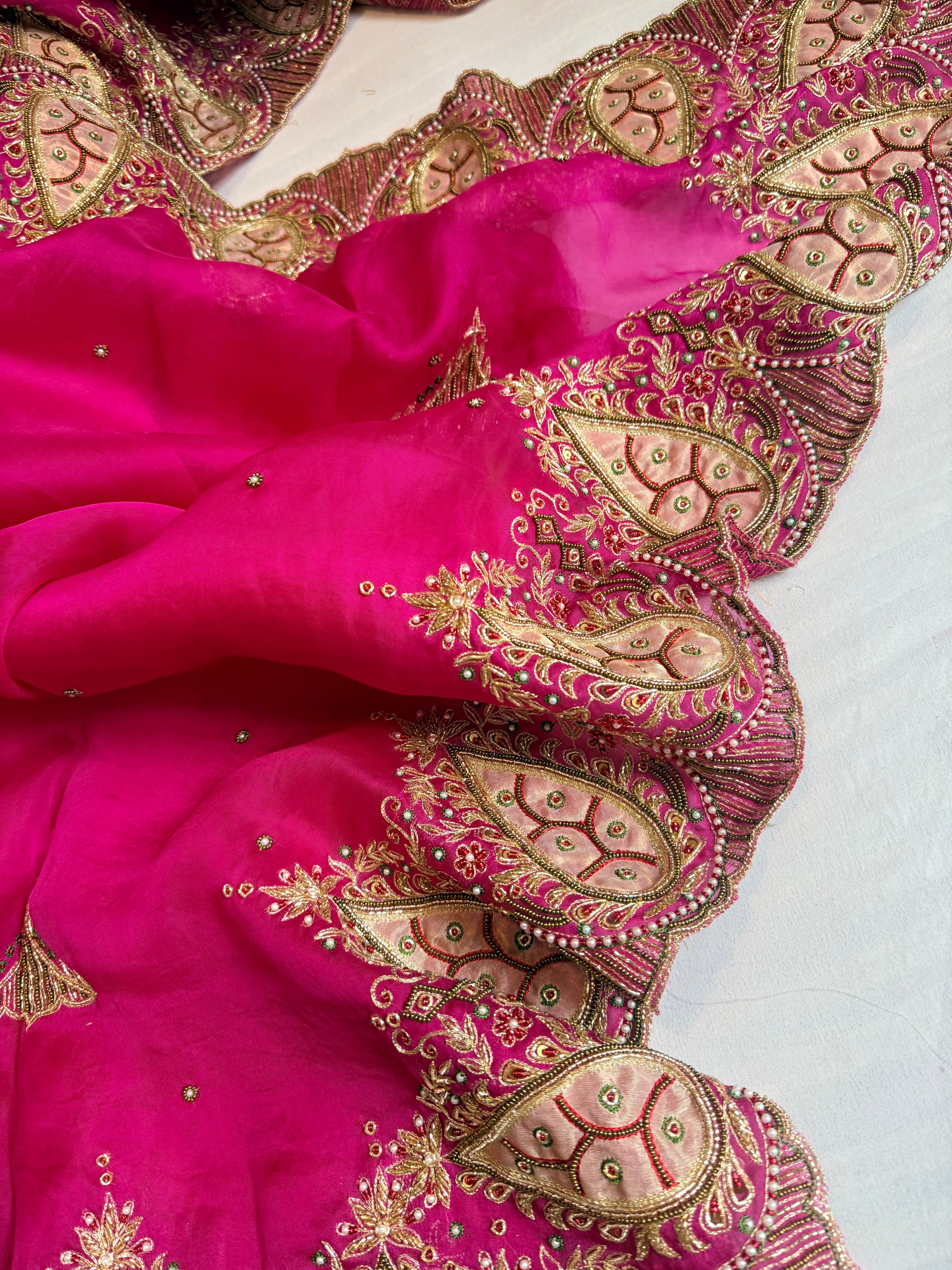 Gulab genda edit - Banarasi Kora silk hot pink hand embroidered saree