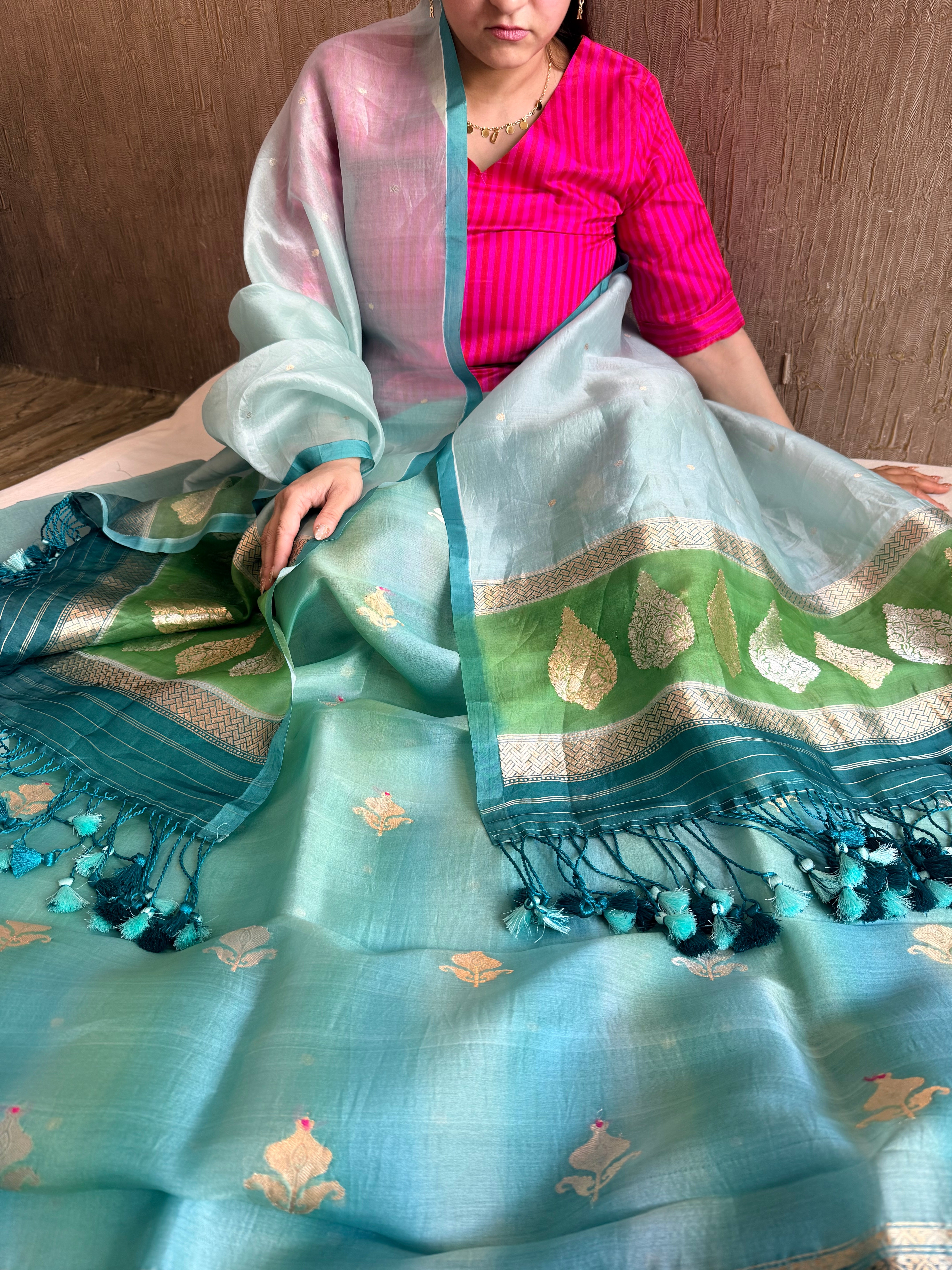 Ice blue shaded kora silk rainbow dye kadhwa banarasi suit set