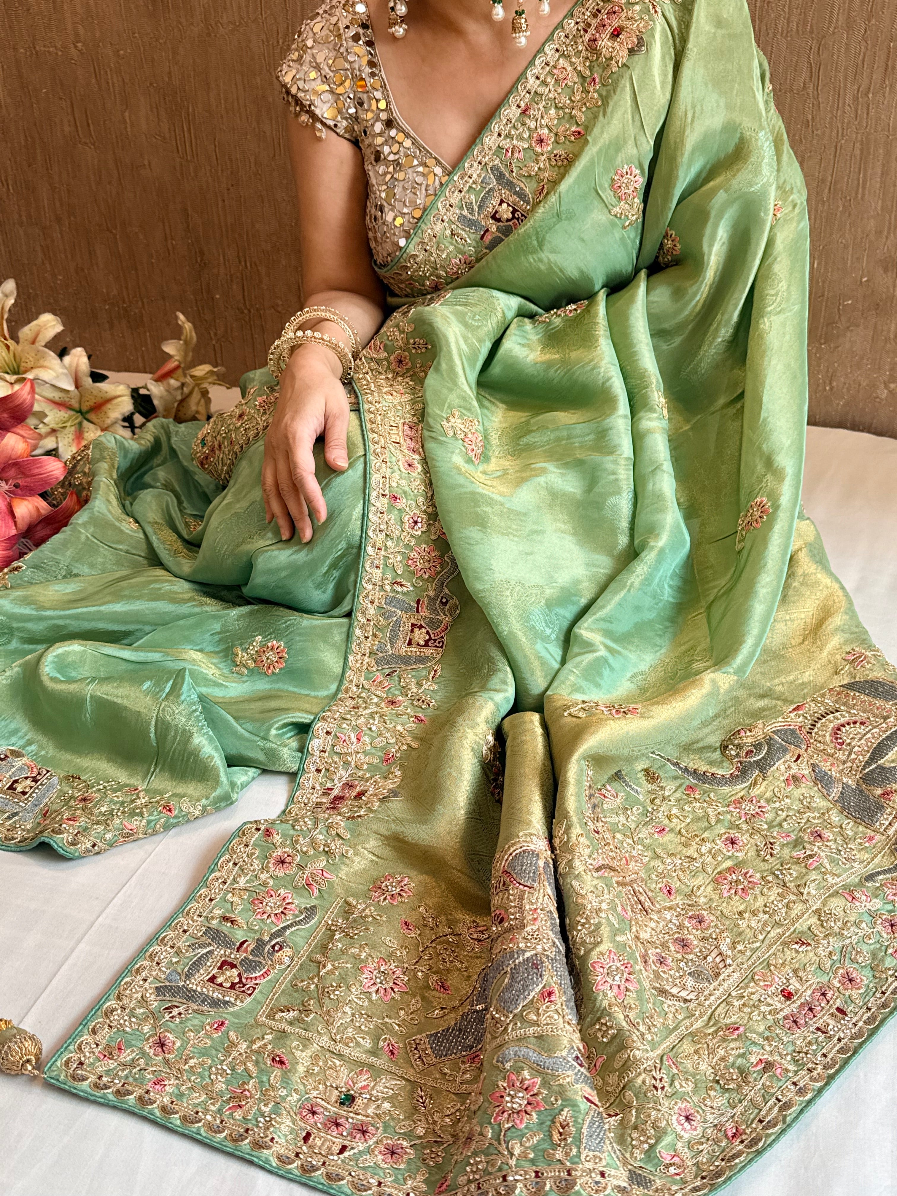Sea green hathi wali crepe tissue embroidered saree