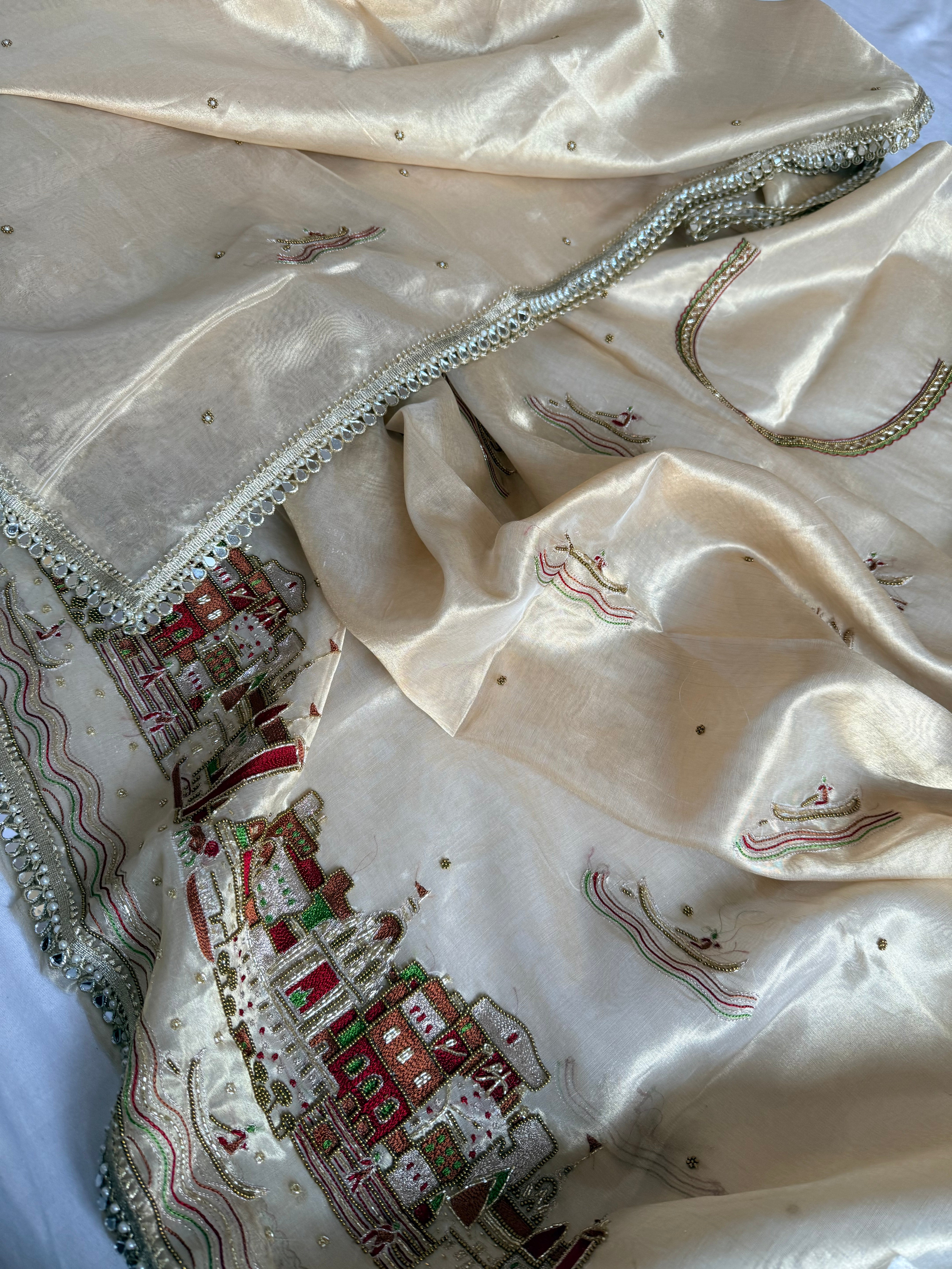 Gangaghat molten gold tissue silk hand embroidered suit set