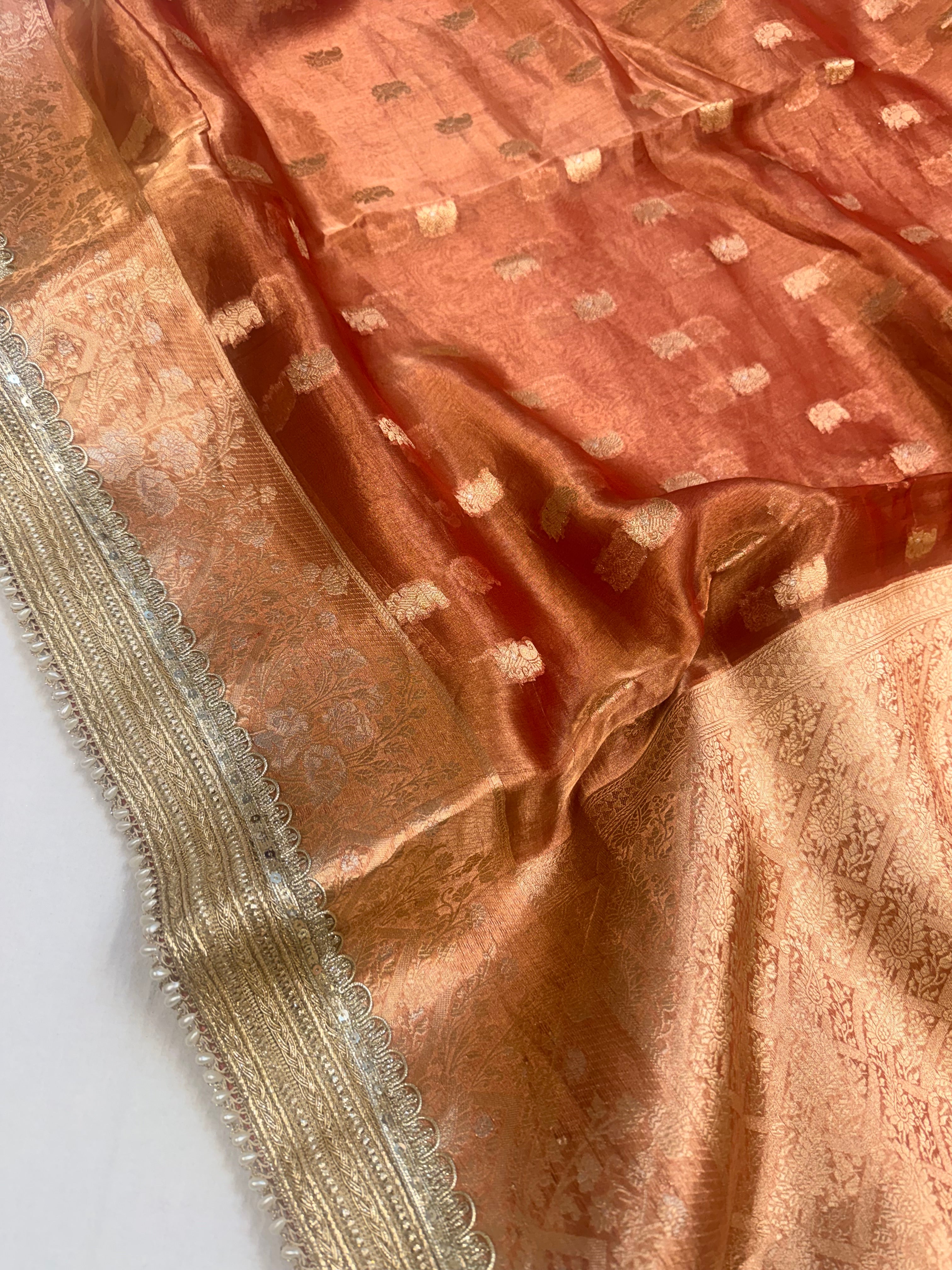 Rust red tissue silk kadhwa buti gotapatti saree