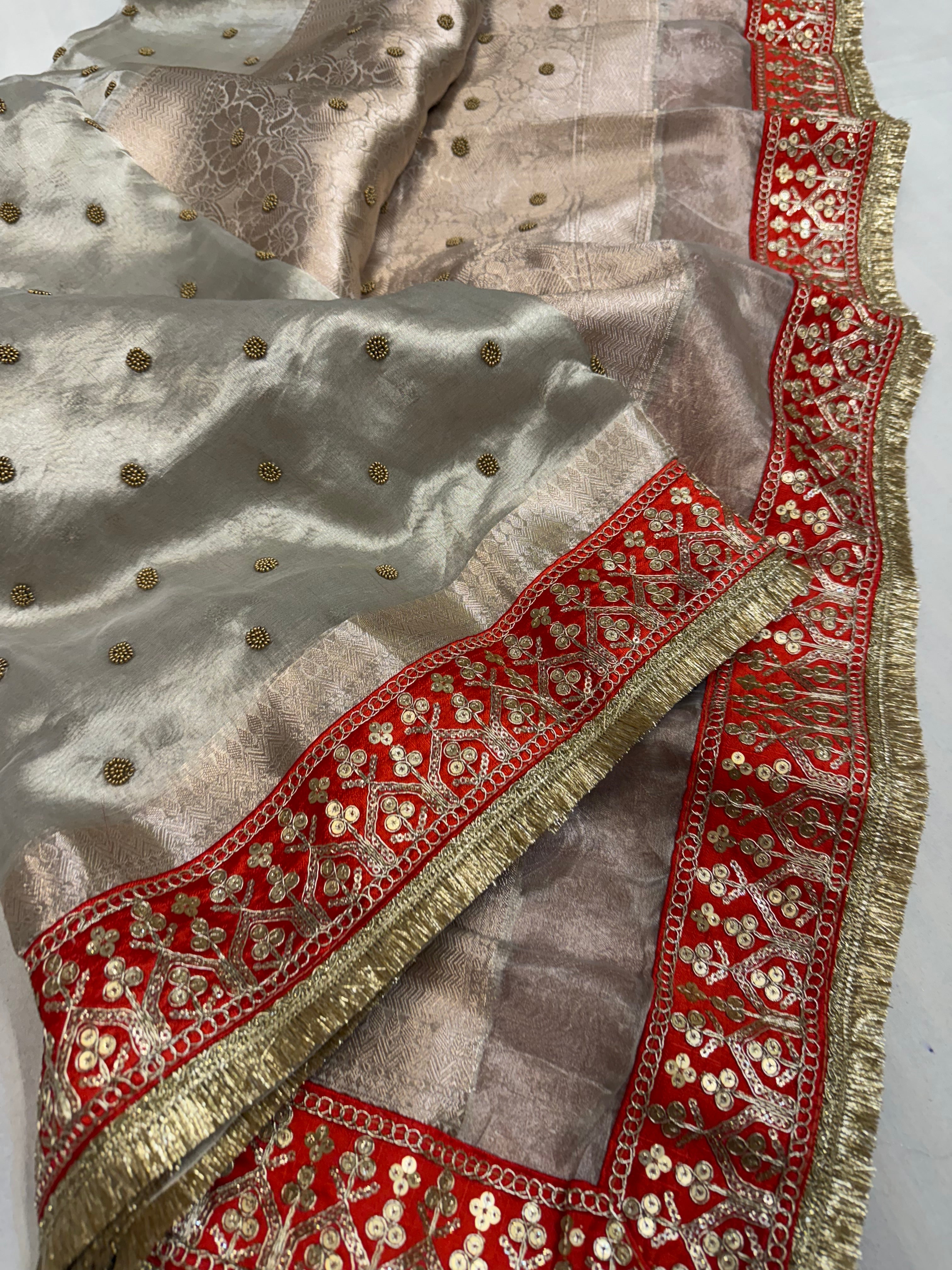 Diamond tissue silk chunri buti hand embroidered panetar saree
