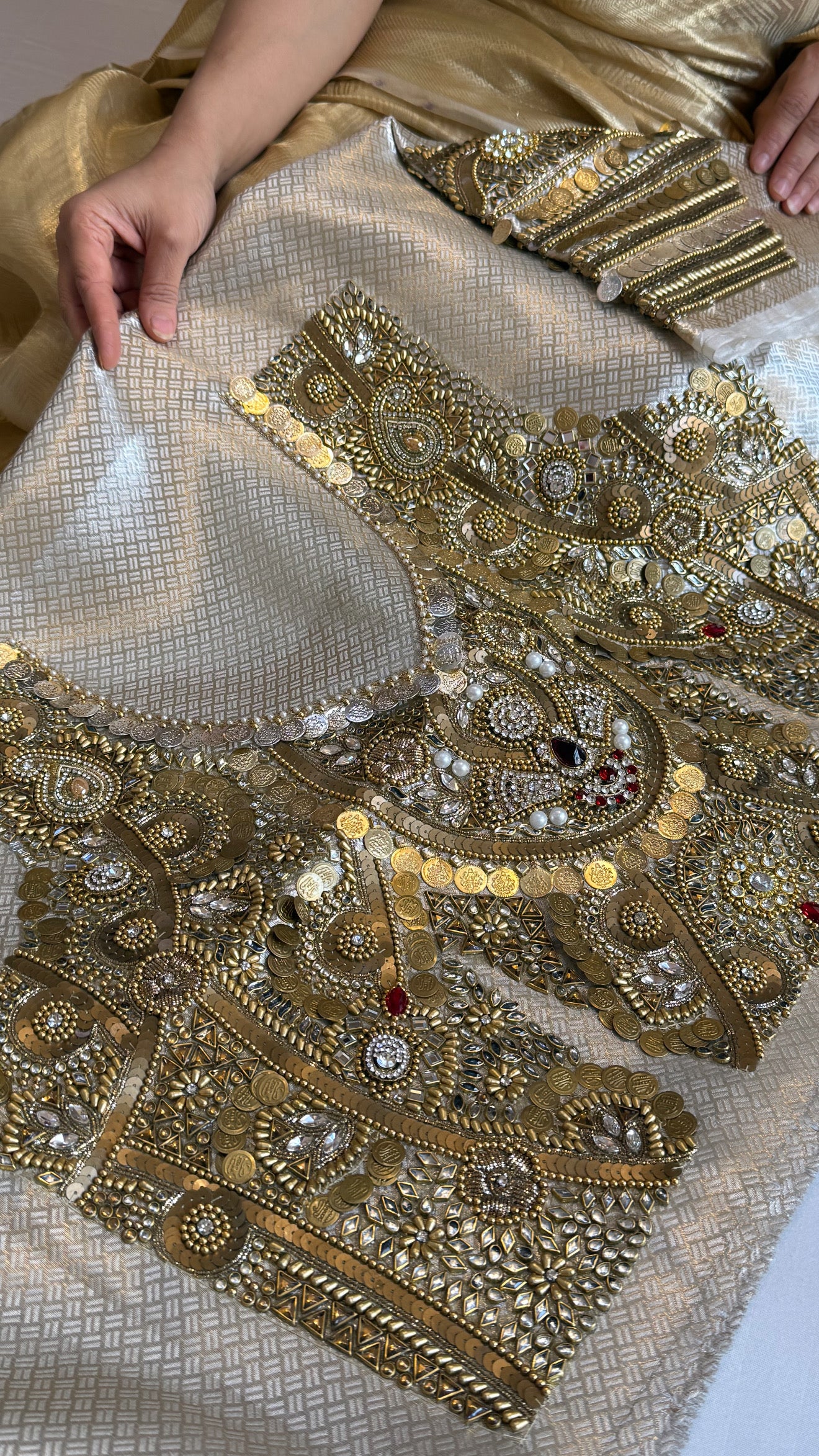 Jhanvi kapoor inspired “jadau edit” tissue brocade saree with jadau hand embroidered blouse piece