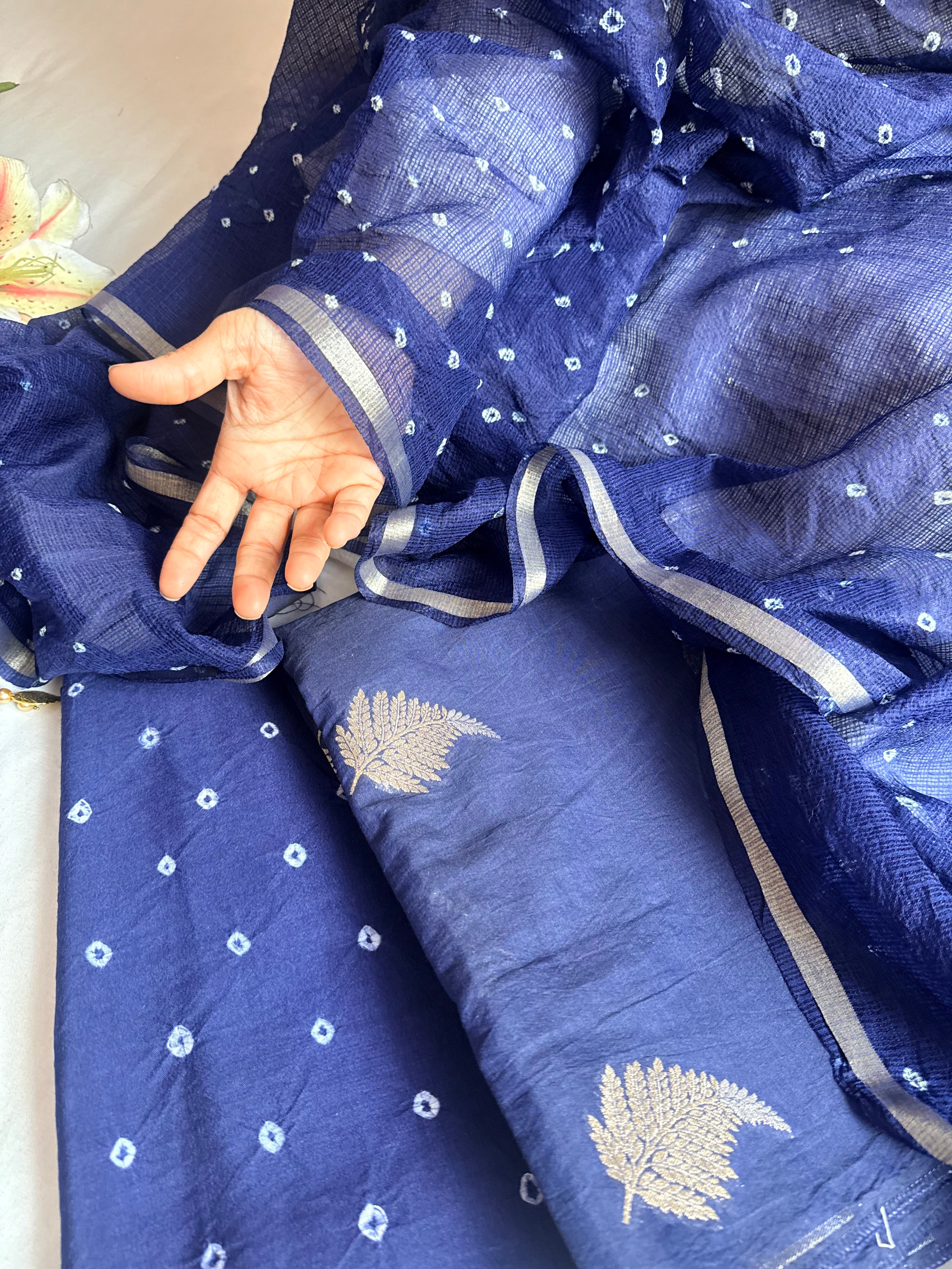 Below 8k- Mul cotton handloom kurta paired with bandhej dyed kota silk duppata set