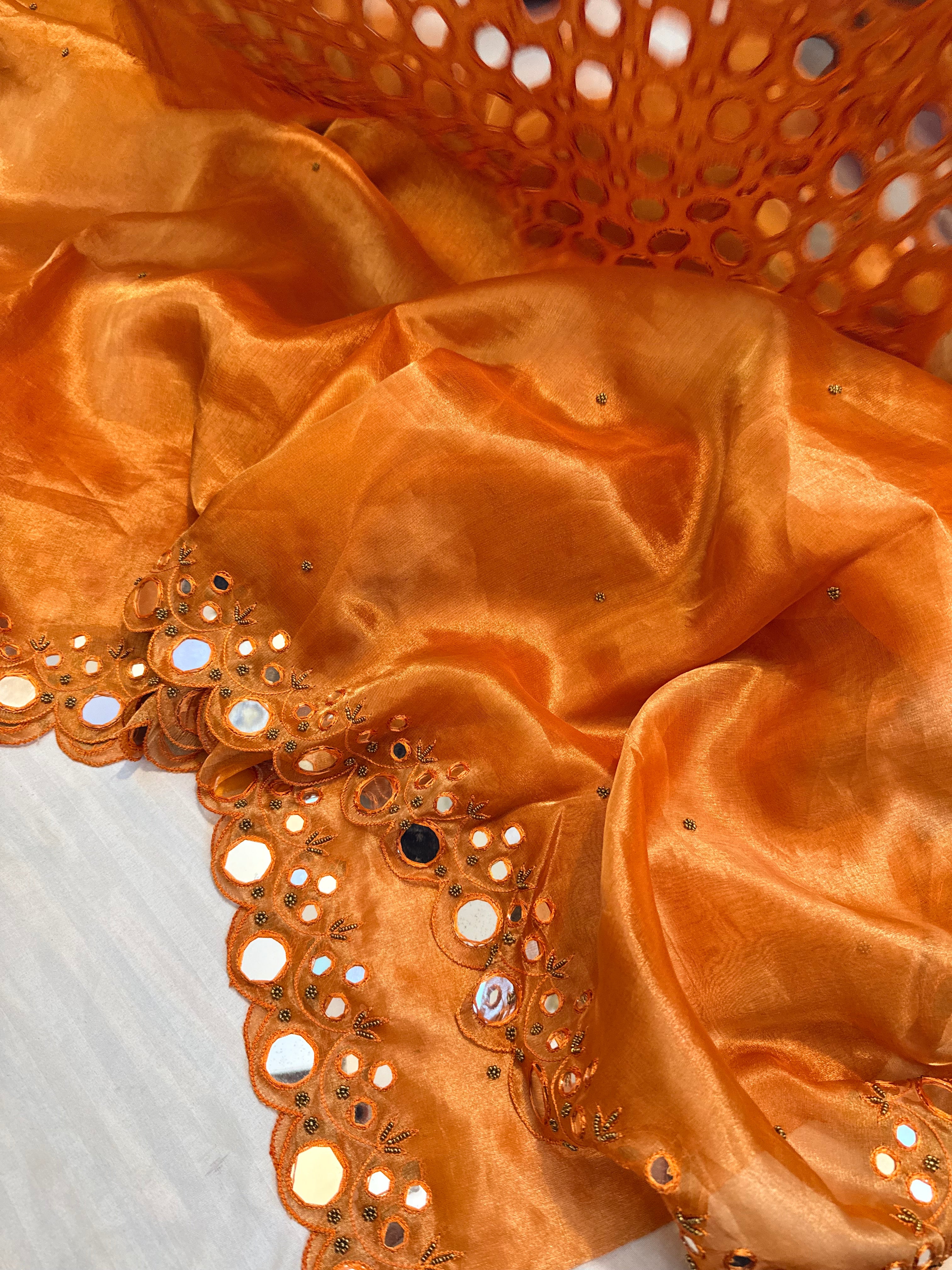 Sheeshe wali fanta orange tissue silk mirrorwork hand embroidered banarasi saree