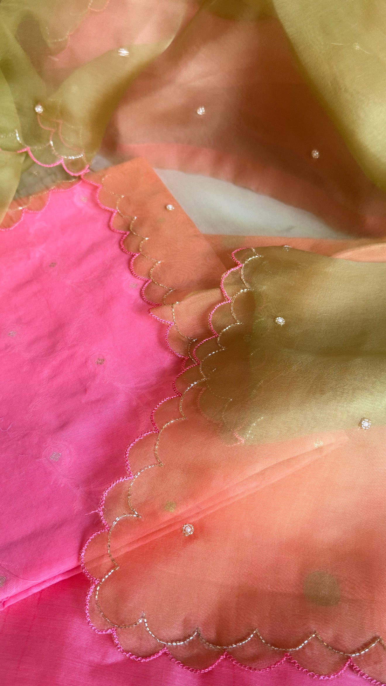 Summer suits under 8k - Mul cotton pink kurta paired with kora silk scalloped green duppata set