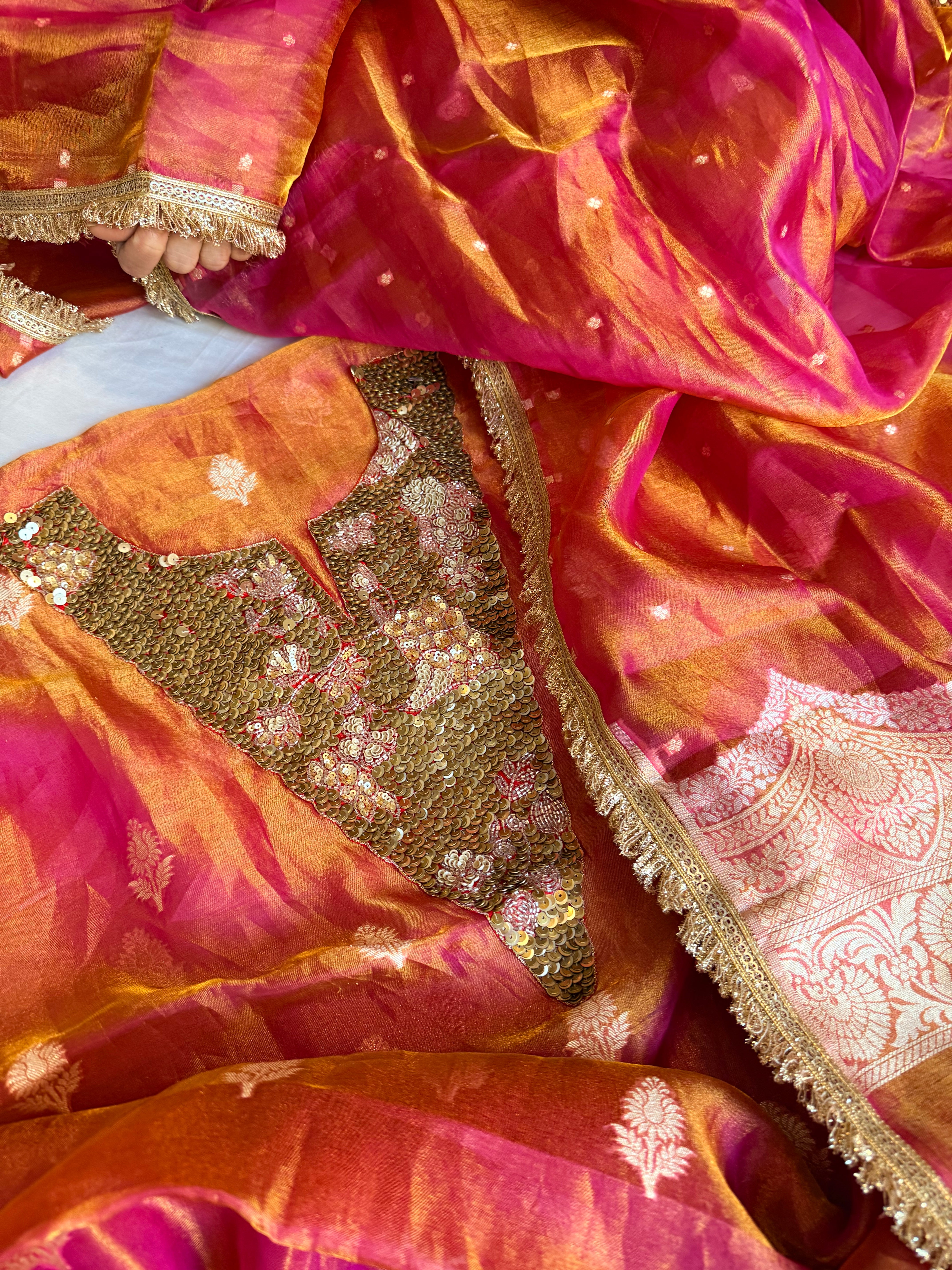Karwachauth edit tissue silk sequins work hand embroidered suits