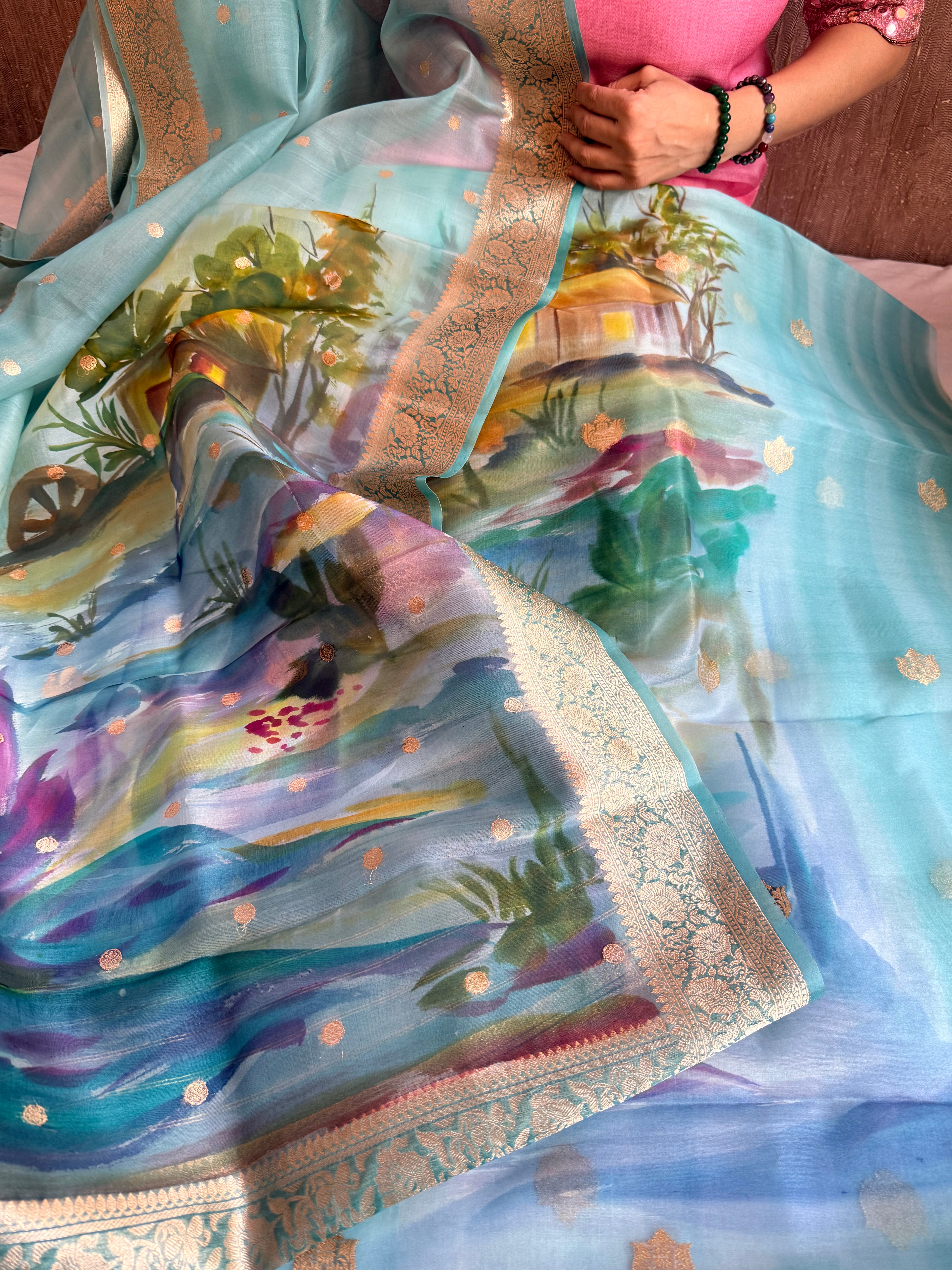 Banarasi kora silk handpainted ghatwork kadhwa buti rainbow dye suits